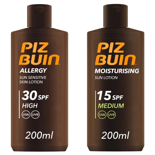 Piz Buin Set Allergy Lotion SPF 30 + Moisturizing Lotion SPF 15 opalovací krémy pro hydrataci a citlivou pokožku 200 ml + 200 ml