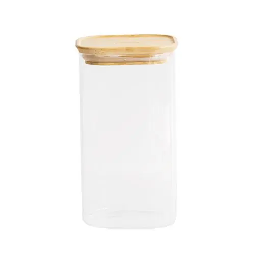 Pebbly PKV-006 Dóza skleněná čtverec bambusové víko 1,4 l