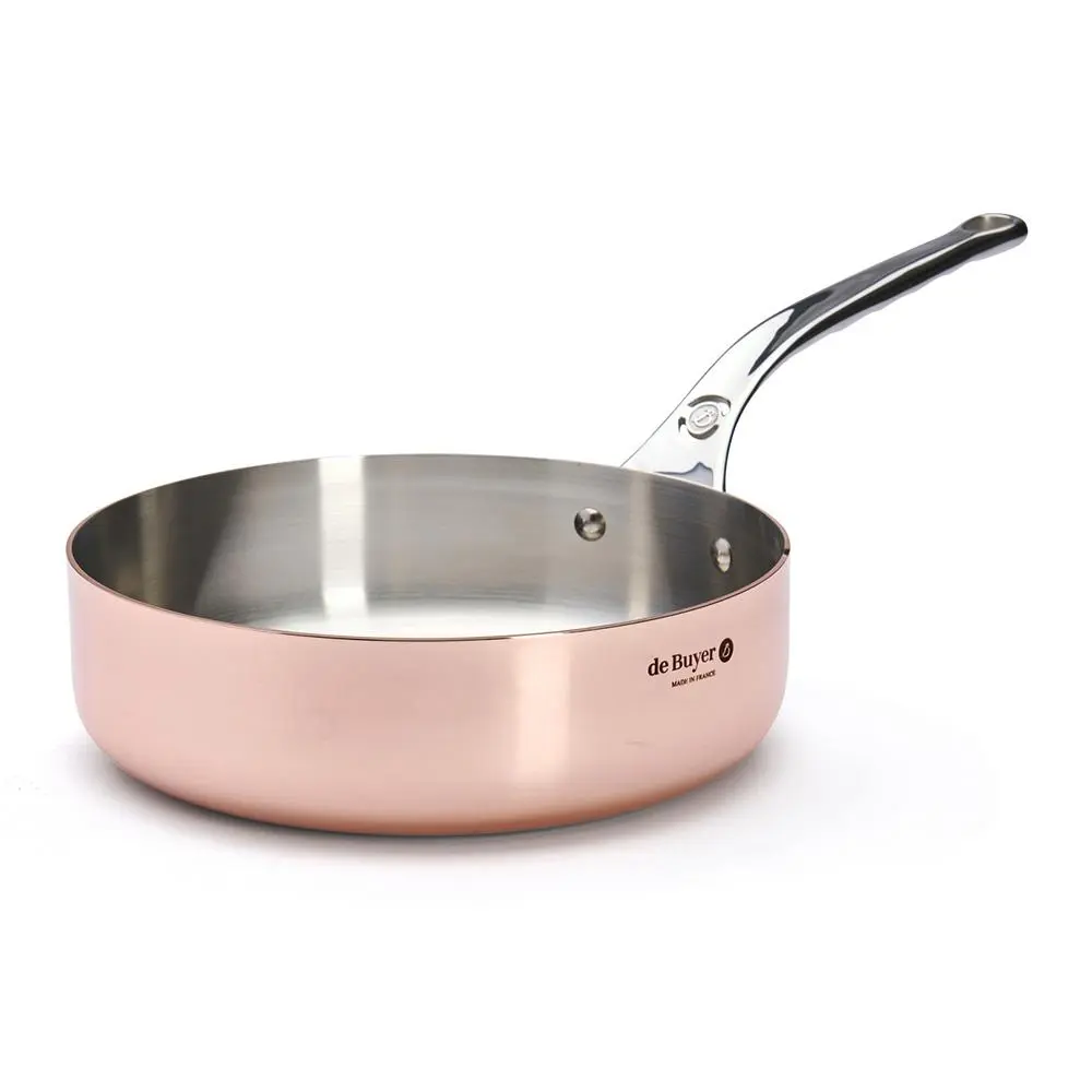 Pánev de Buyer, 6230.24 PRIMA MATERA, na soté, měděná, rovná, rovné nízké okraje, rukojeť z nerezové oceli, průměr 24 cm, výška 6,6 cm, váh