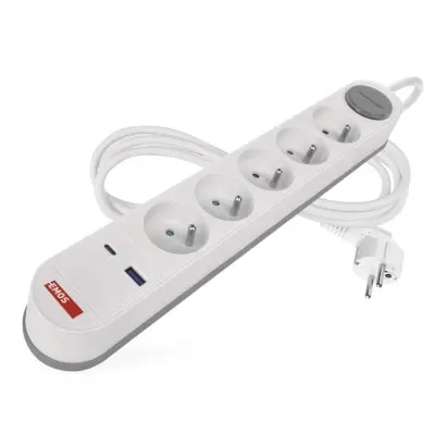 Prodlužovací kabel 3 m / 5 zásuvky / s vypínačem / bílo-šedý / 1×USB-A + 1×USB-C / 1,5 mm2
