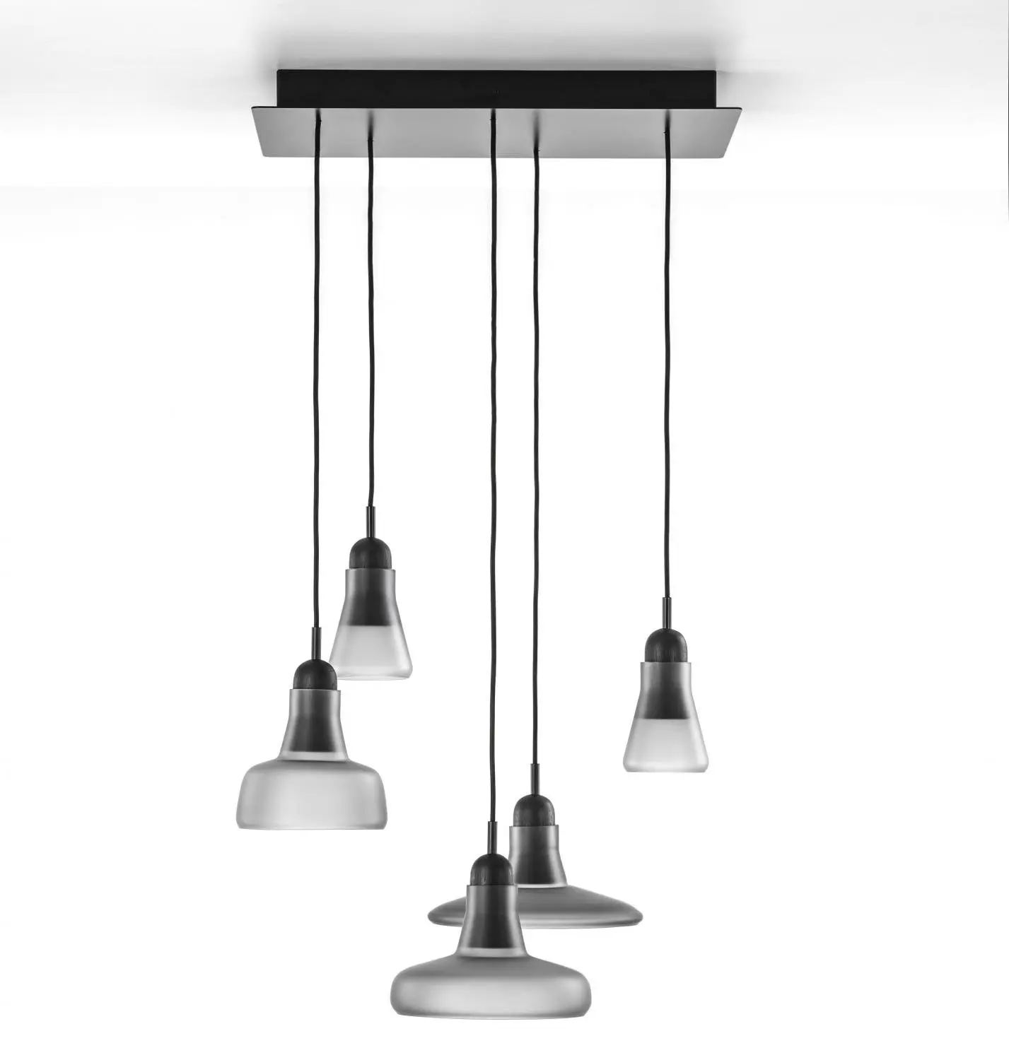 BRO PC00931_026 Shadows set rectangular small, závěsné svítidlo, ručně foukané sklo, opalín / černý dub / černý kabel, 5x5W LED, 60x36cm - BROKIS A