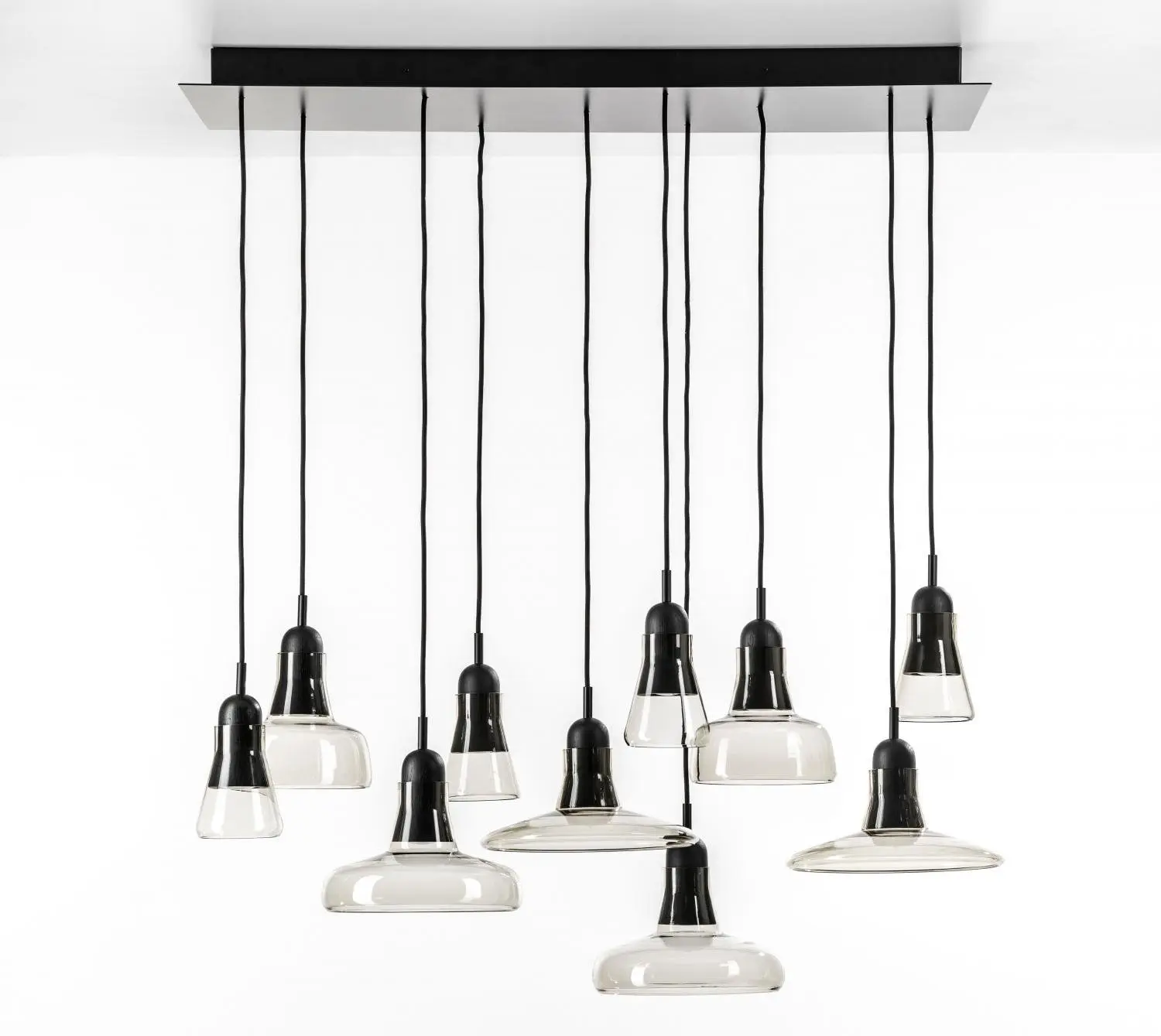 BRO PC00921_035 Shadows set rectangular large, závěsné svítidlo, ručně foukané sklo, kouřová hnědá / černý dub / černý kabel, 10x5W LED GU10 dim, 100x36cm - BROKIS A