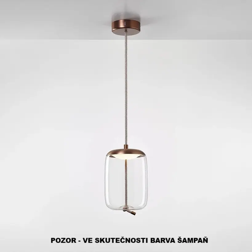 BRO PC01034_093 Závěsné svítidlo KNOT SMALL CILINDRO transparentní sklo / monturA + baldachýn broušená champagne lak / provaz - přírodní - BROKIS A
 - BROKIS