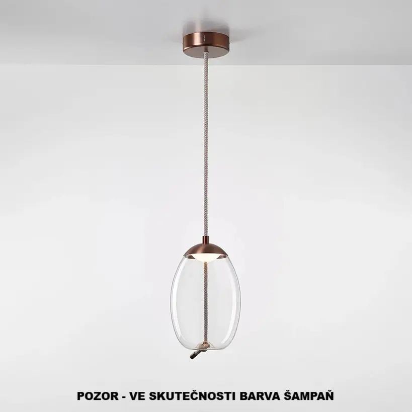BRO PC01036_097 Závěsné svítidlo KNOT SMALL UOVO sklo transparentní / montura + baldachýn broušená champangne lak / provaz přírodní - BROKIS A