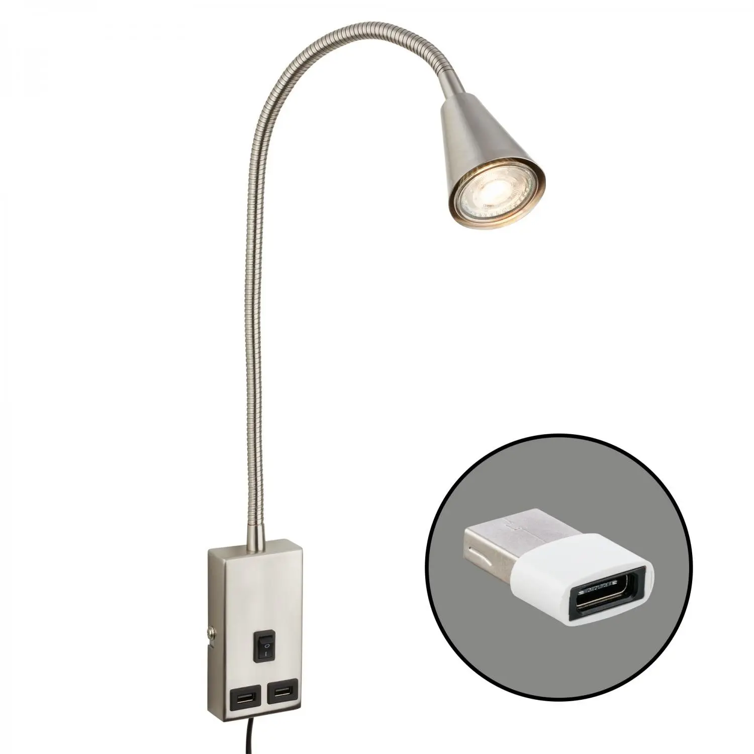 BRI 2175012 Justra lampa na čtení, nastavitelná, 2x USB porty, matný nikl - BRILONER