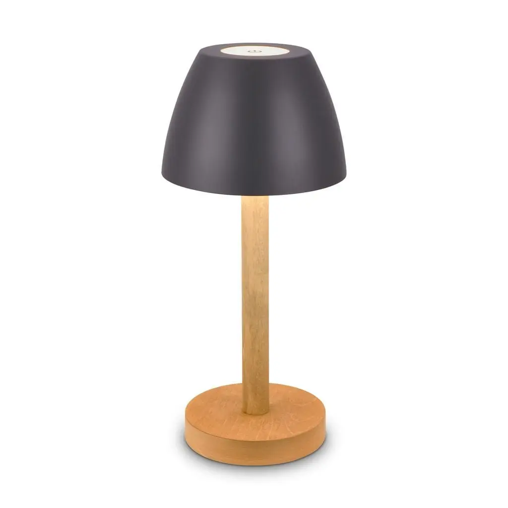 BRILO 7661015 Serina Wood stolní lampa - 2,5W, 200lm, bezdrátová, LED, dotykový vypínač, IP44, stmívatelná, antracit/dřevo - BRILO
