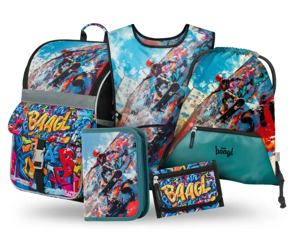 BAAGL 5 SET Zippy Skatepark: aktovka, penál, sáček, zástěra, peněženka