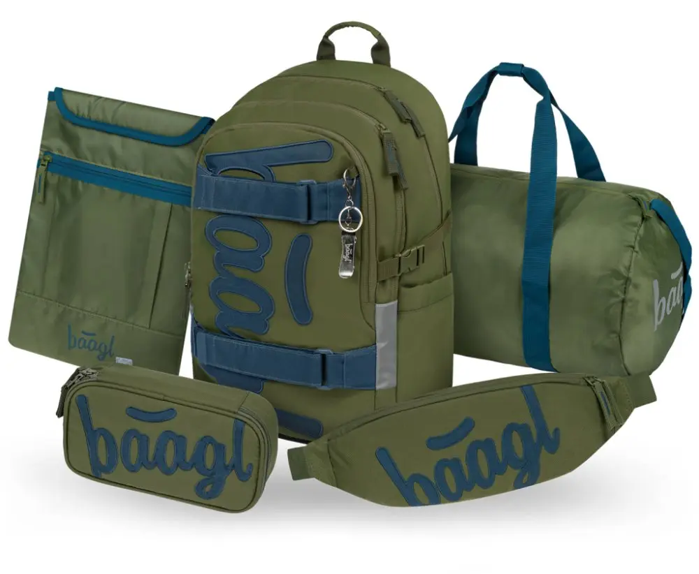 BAAGL 5 SET Skate Olive: batoh, penál, sportovní taška, ledvinka, obal na notebook GRS