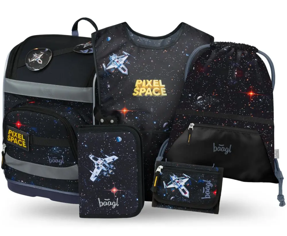 BAAGL SET 5 Zippy Plus Pixel Space: aktovka, penál, sáček, zástěra, peněženka