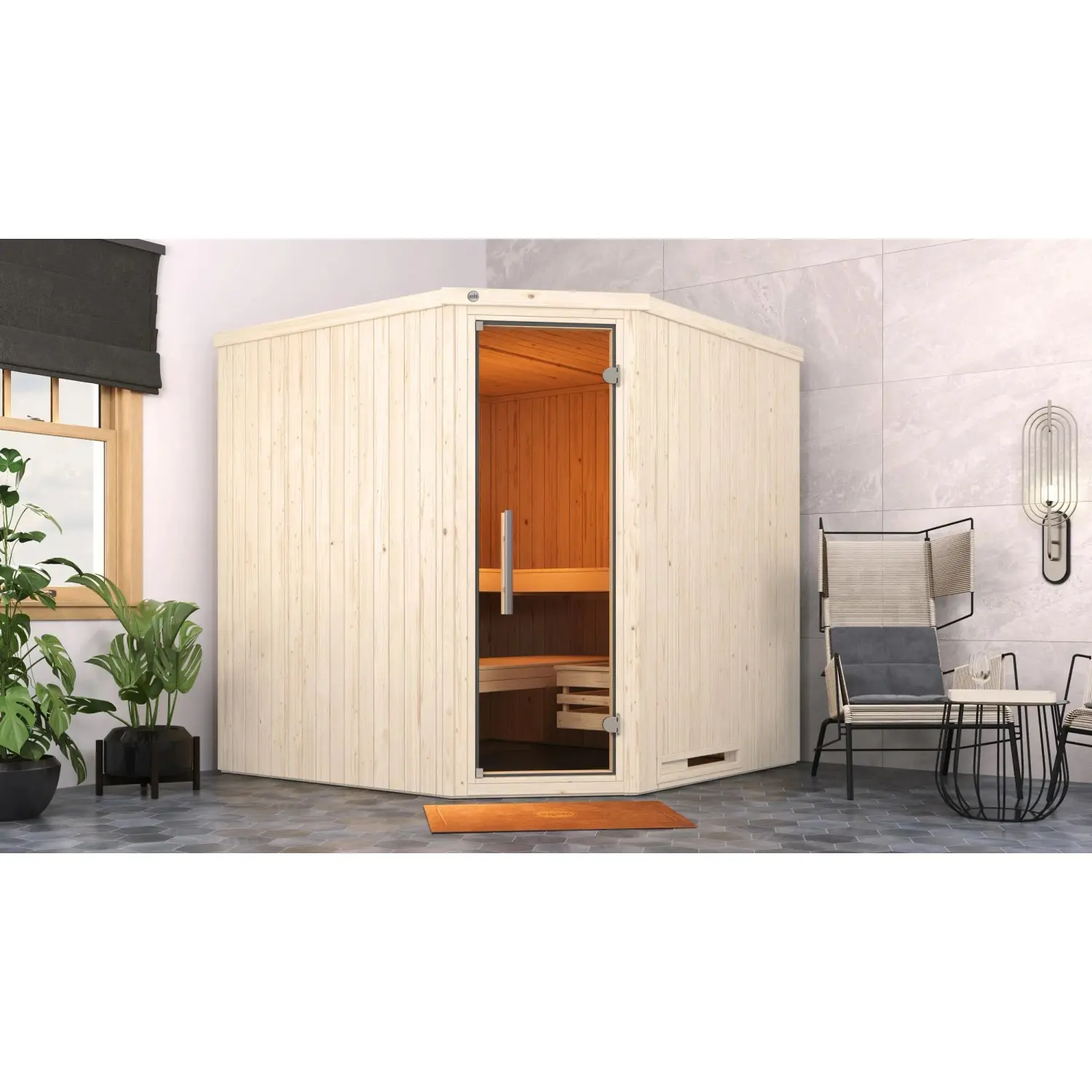 Weka Dřevěná sauna Varberg 3 skl.dv., bílá, 194 x 194 x 199 cm + Kompakt 9 kW