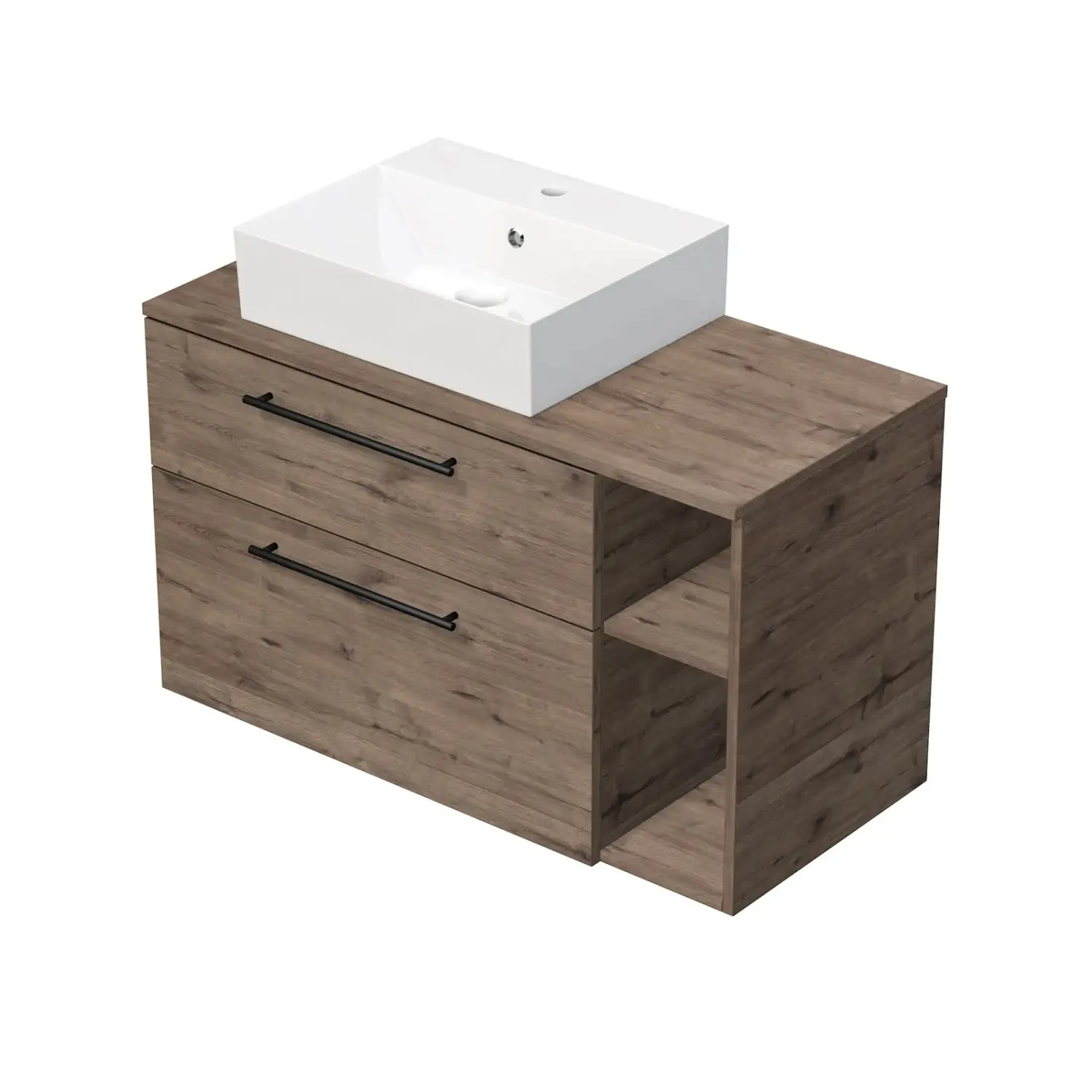 INTEDOOR Skříň+umyvadlo BEE, úchyt černý, š.100 cm, regál vpravo, dub Wellington