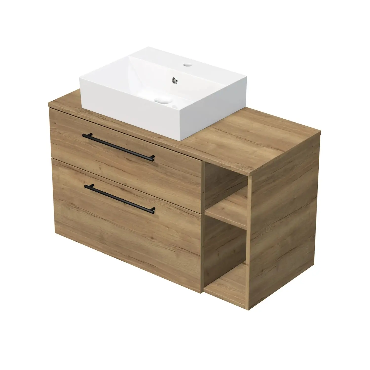 INTEDOOR Koupel.skříň+umyvadl BEE, úchyt černý, 100cm, regál vpravo, dub Halifax