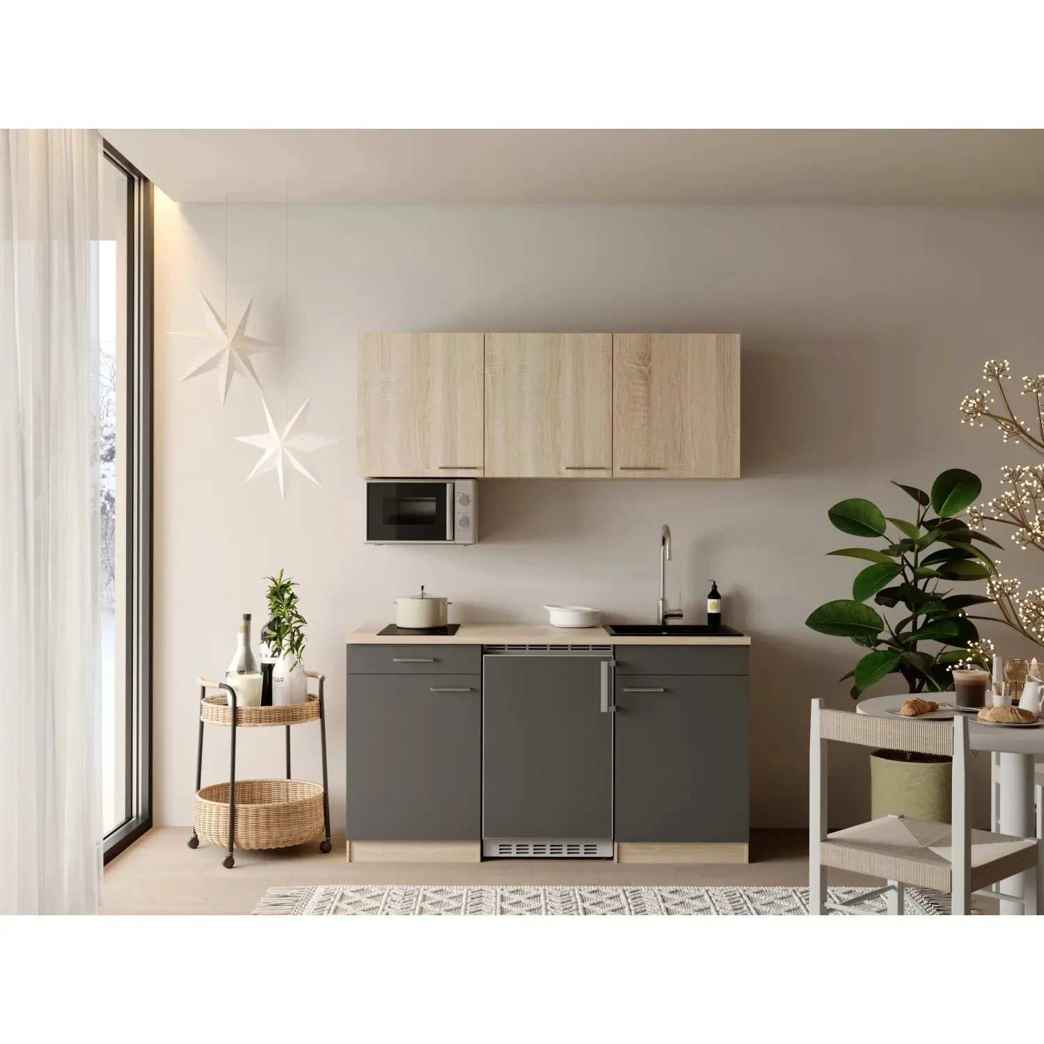 Respekta Kuchyně Ingrid šedá/dub Nordic 150 cm-skloker.deska/lednice/mikrovlnka