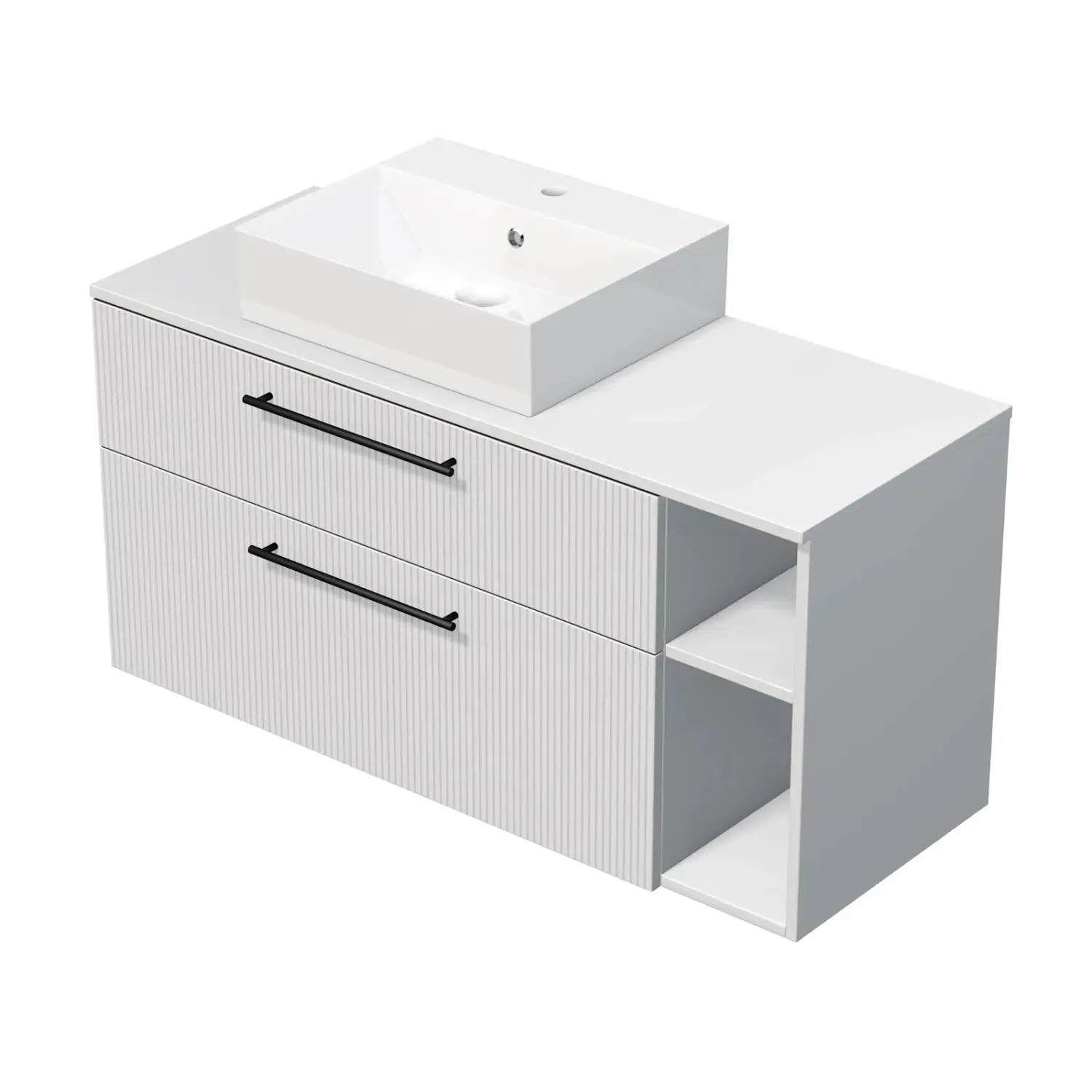 INTEDOOR Koupel.skříň+umyvadlo BEE úchyt černý š.120cm regál vpravo bílá 3Dpruhy