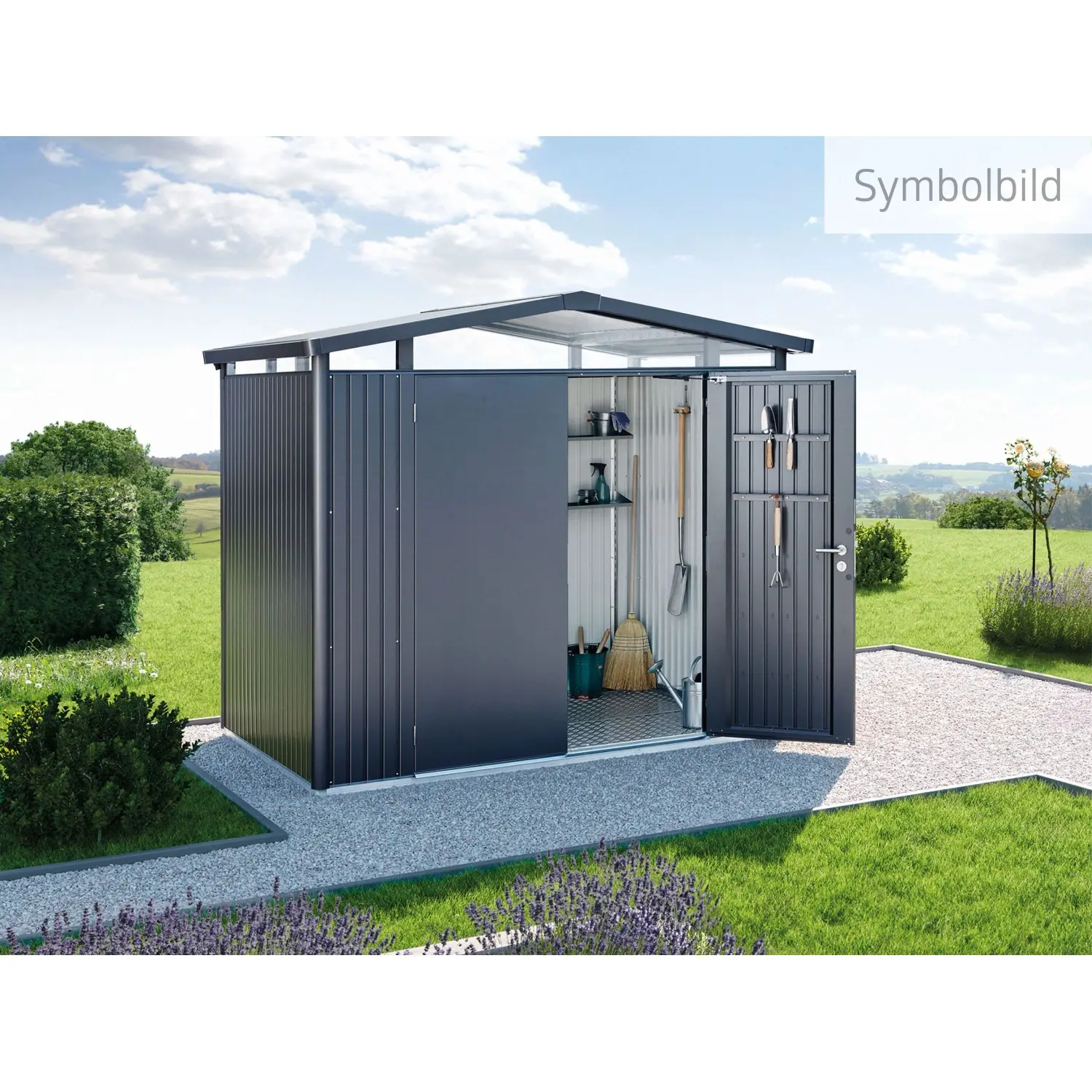 Biohort Plechový domek Panorama P5 stand. dveře, tm.šedá, 273 x 318 x 227 cm