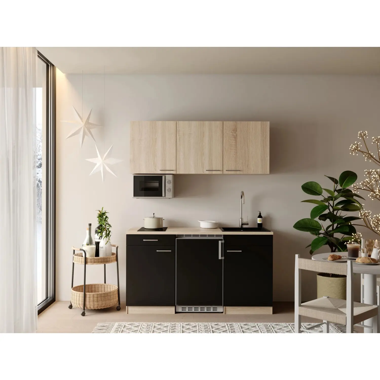 Respekta Kuchyně Ingrid černá/dub Nordic 150 cm-skloker.deska/lednice/mikrovlnka