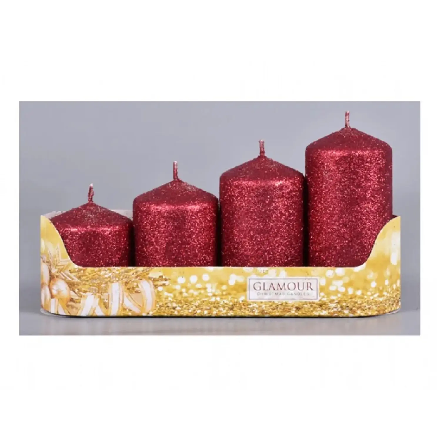 Svíčky adventní STUPŇOVITÉ glitrované bordó, pr. 5 x 6/7,5/9/10,5 cm, 4 ks