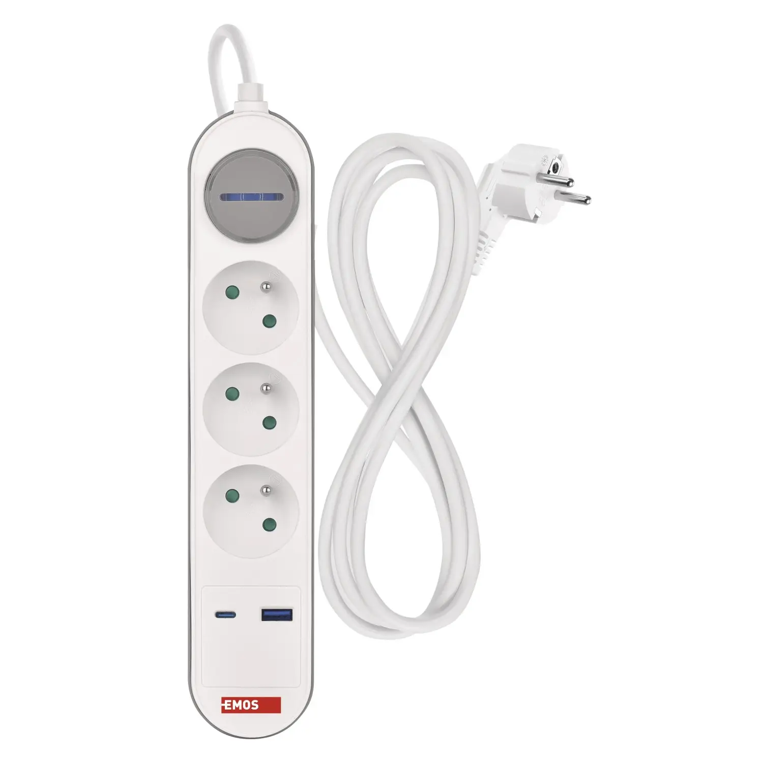 EMOS Zásuvková lišta s vypínačem, 3 zásuvky + 1xUSB-A + 1xUSB-C, bílo-šedá, 2 m