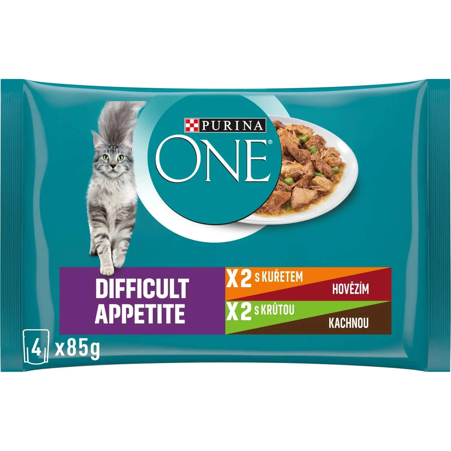 PURINA ONE Difficult Appetite Kapsičky pro kočky kuř./hov., krůta/kachna 4 x 85g