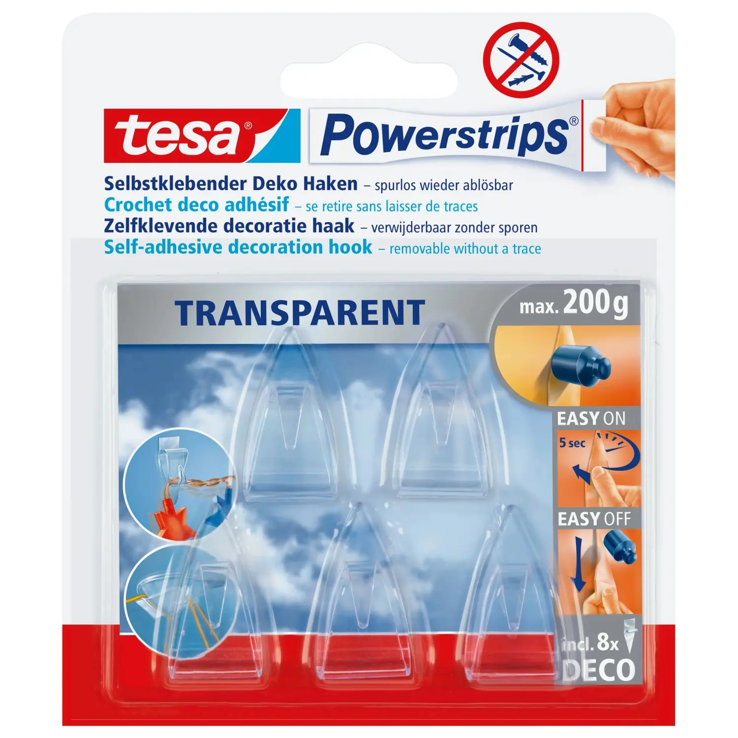 tesa Dekorační lepicí háčky Powerstrips Transparent Deco, 5 ks