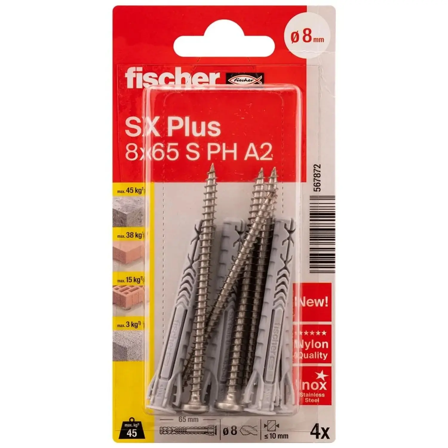 Fischer Rozpěrná hmoždinka SX Plus, 8 x 65 S vč. šroubů A2, 4+4 ks (blistr)