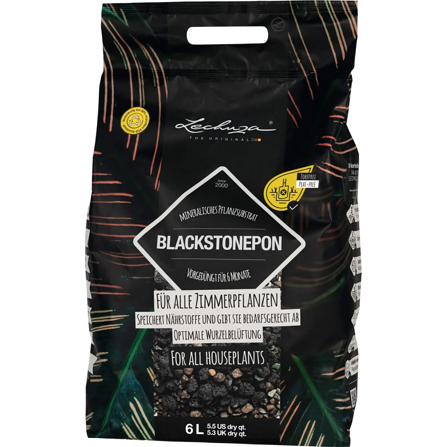 LECHUZA BLACKSTONEPON Minerální substrát pro všechny pokojové rostliny 6 l
