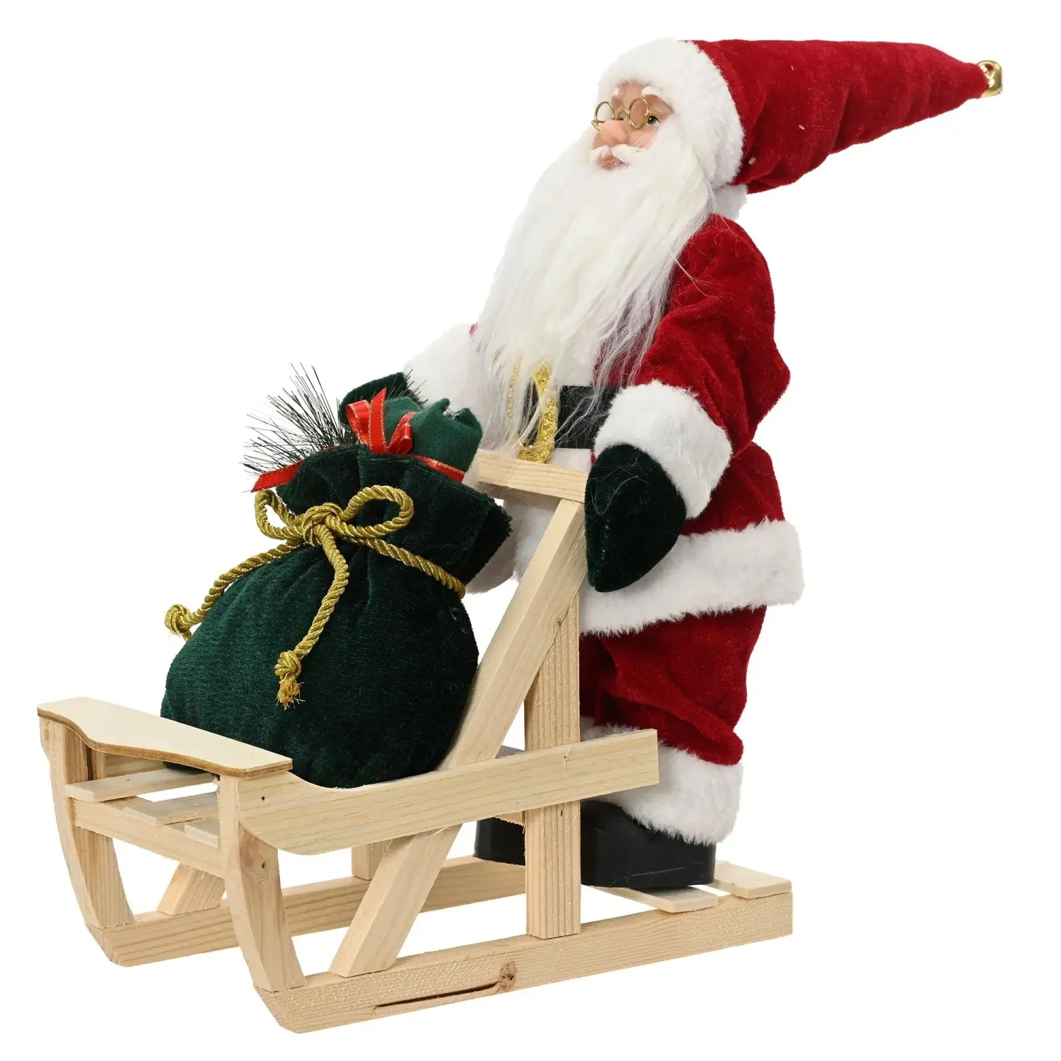 Decoris Vánoční figurka Santa Clause od s dřevěnými saněmi, výška 35 cm