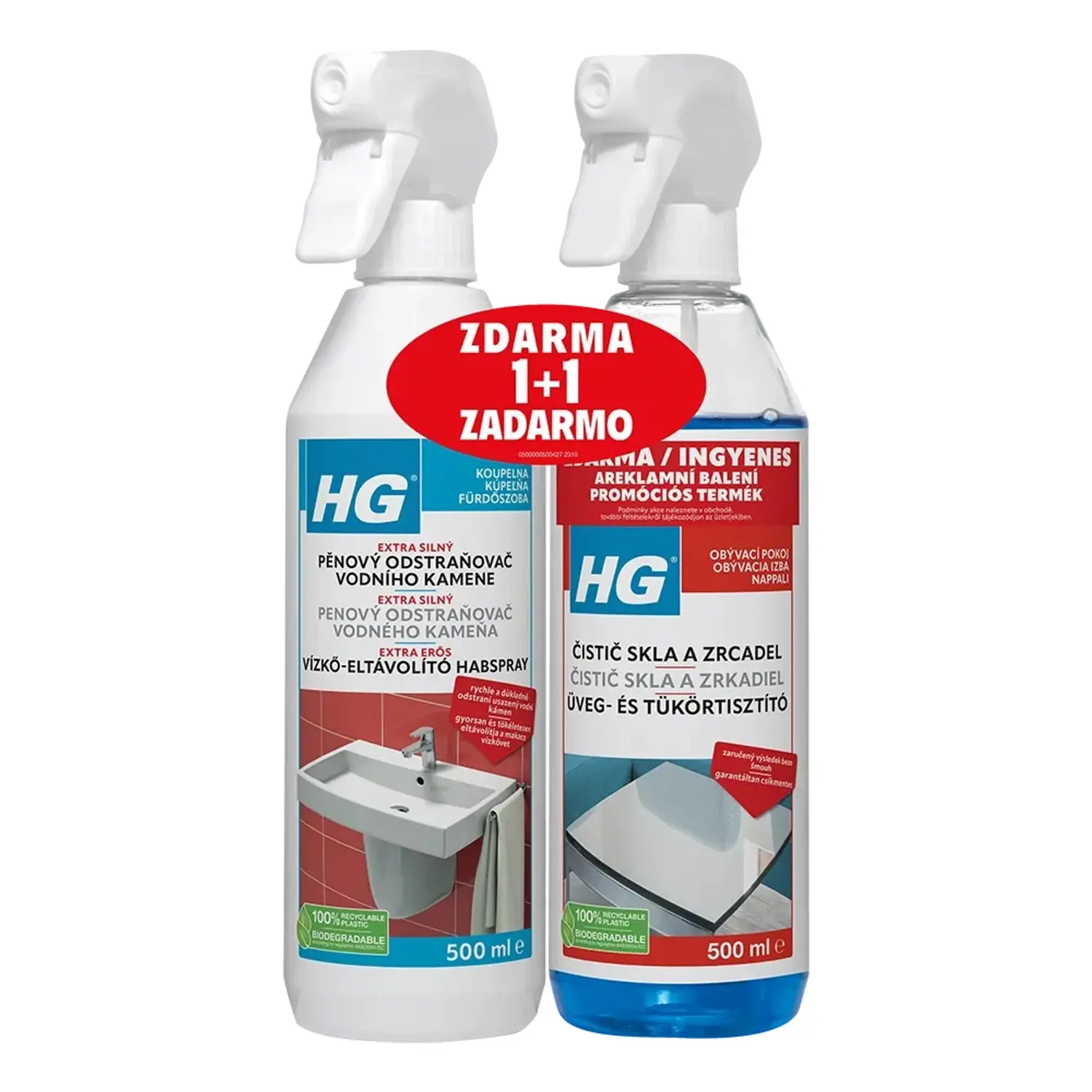 HG Pěnový čistič vodního kamene 500 ml + Čistič skla a zrcadel 500 ml