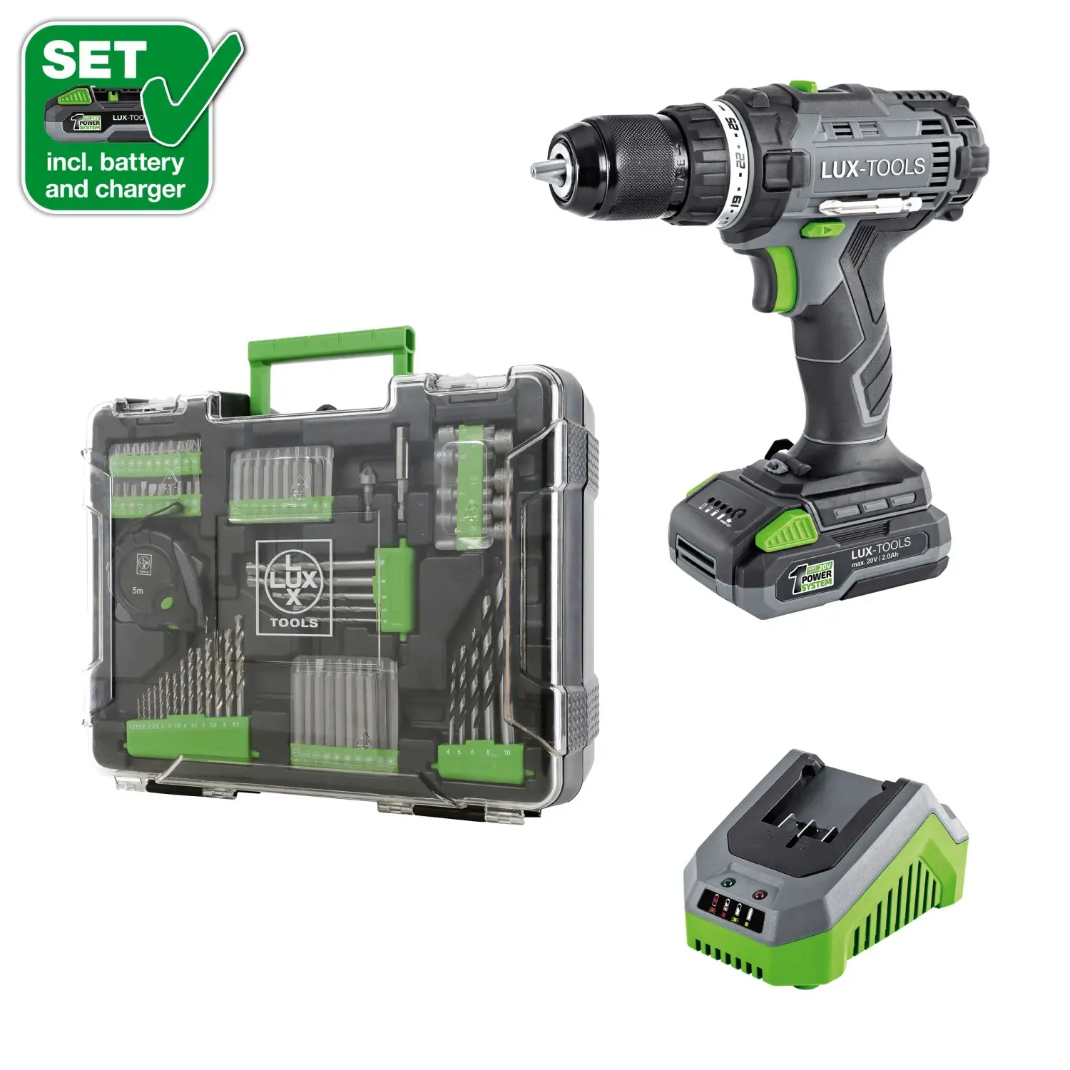LUX-TOOLS 1 PowerSystem Aku vrtací šroubovák A-BS-20 Set + 78dílná sada přísl.