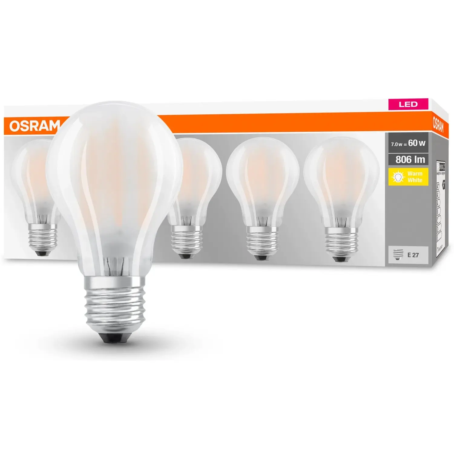 OSRAM LED žárovka BASE CLASSIC A Filament Frosted E27 A60 7W 806lm 2700K, 5 ks