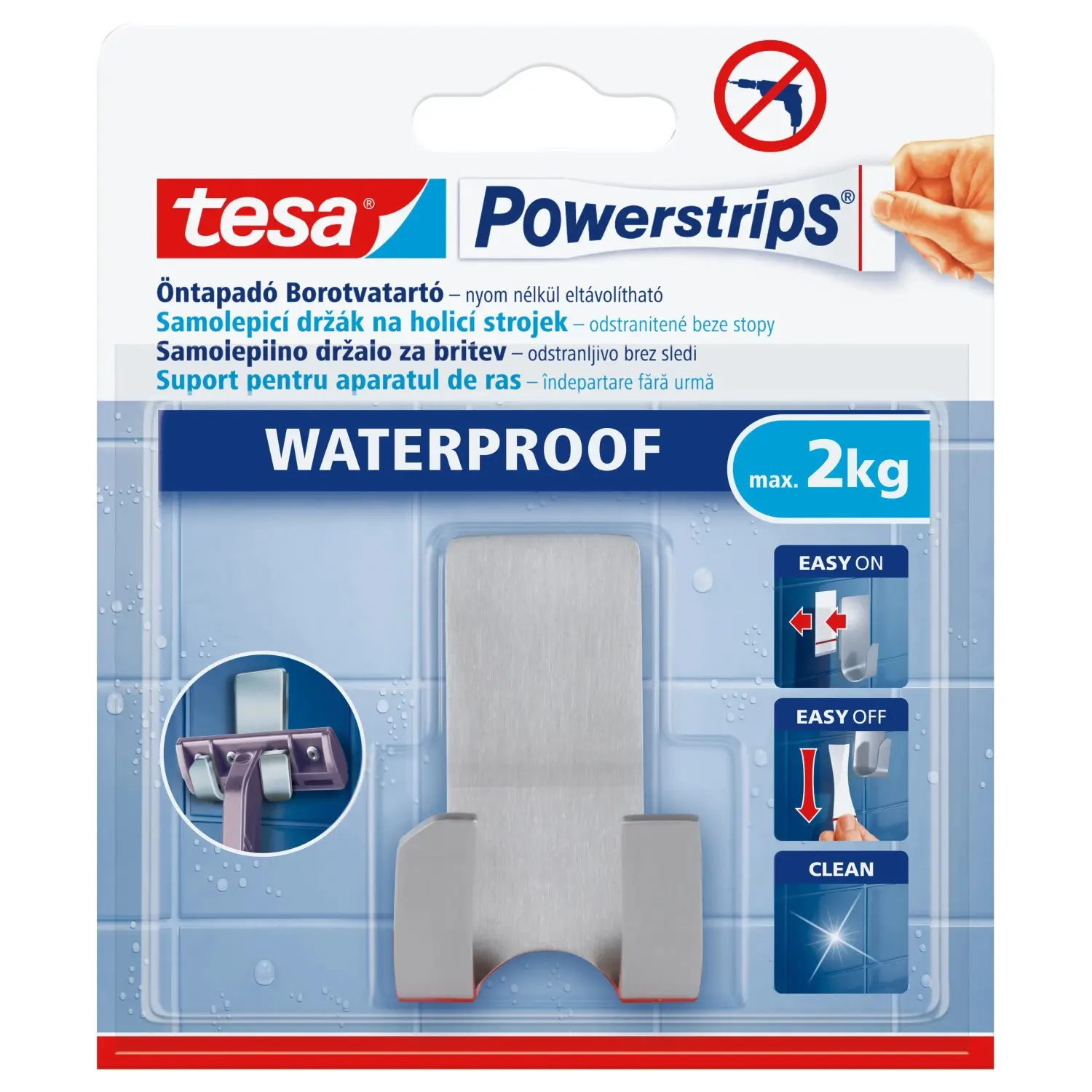 tesa Samolepicí držák na holicí strojek Powerstrips Waterproof, nerezová ocel