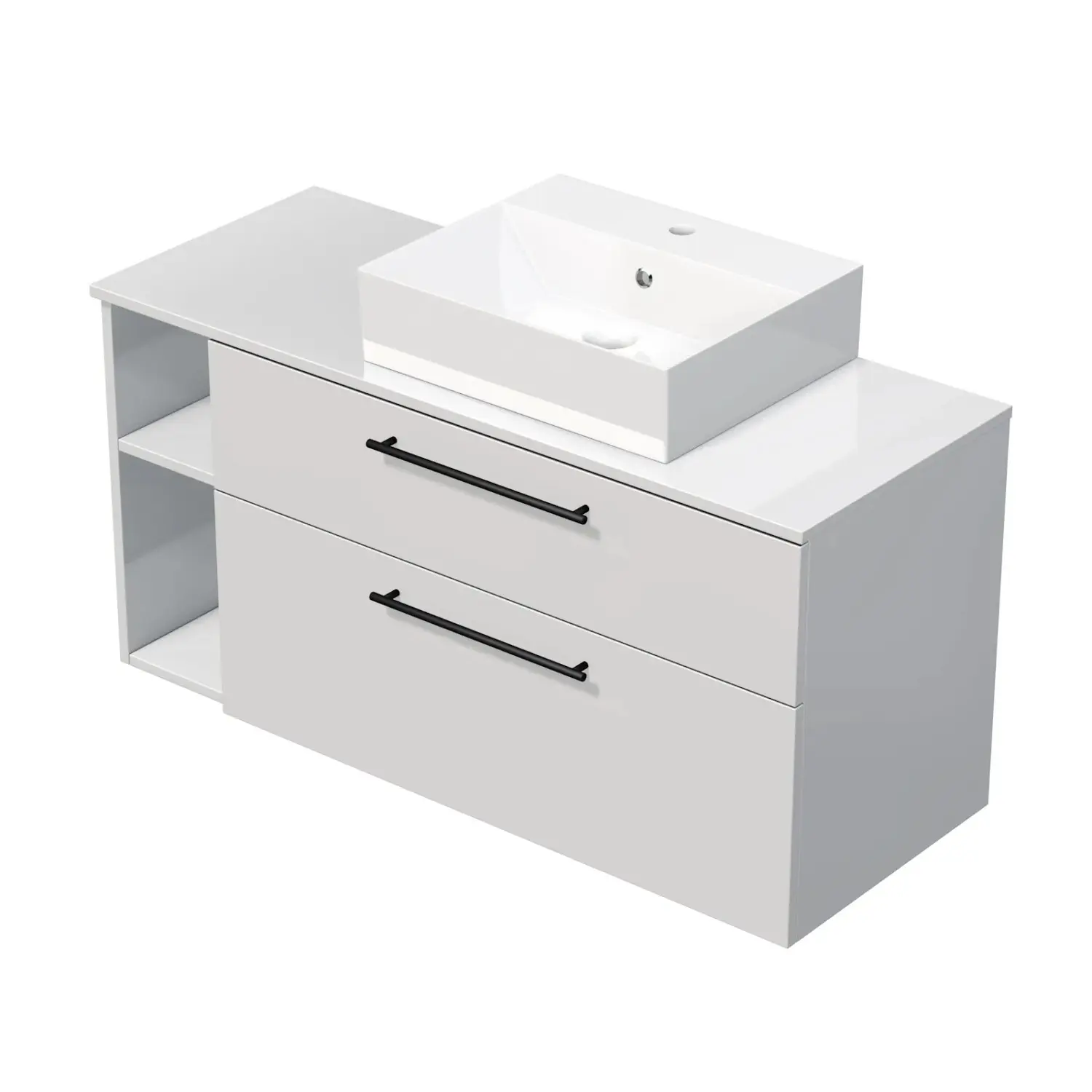 INTEDOOR Koupel.skříň+umyvadlo BEE, úchyt černý, 120cm, regál vlevo, bílá lesk