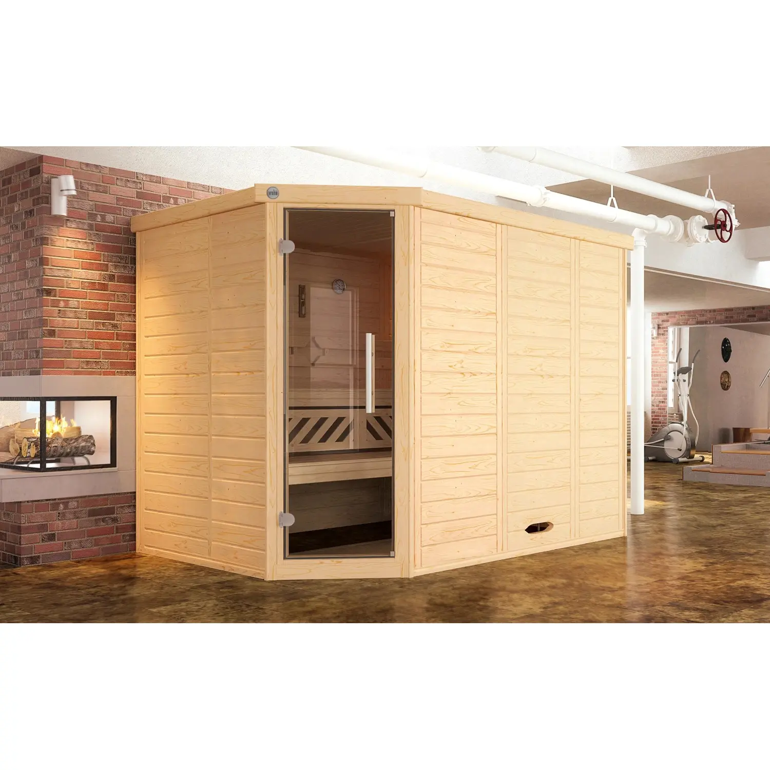 Weka Rohová sauna Kemi 2 skl.dveře, přírodní, 245 x 195 x 200 cm + BioAktiv 9 kW