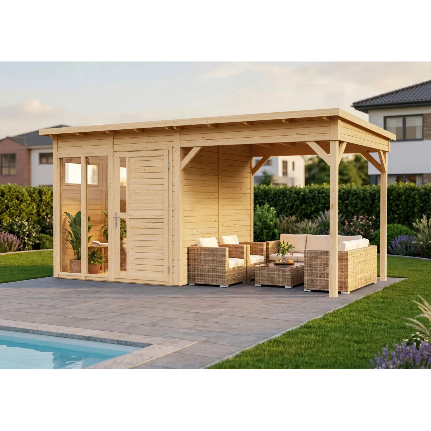 Bertilo Designový dřevěný domek Pentus 2 Poolhouse, přírodní, 449 x 234 cm