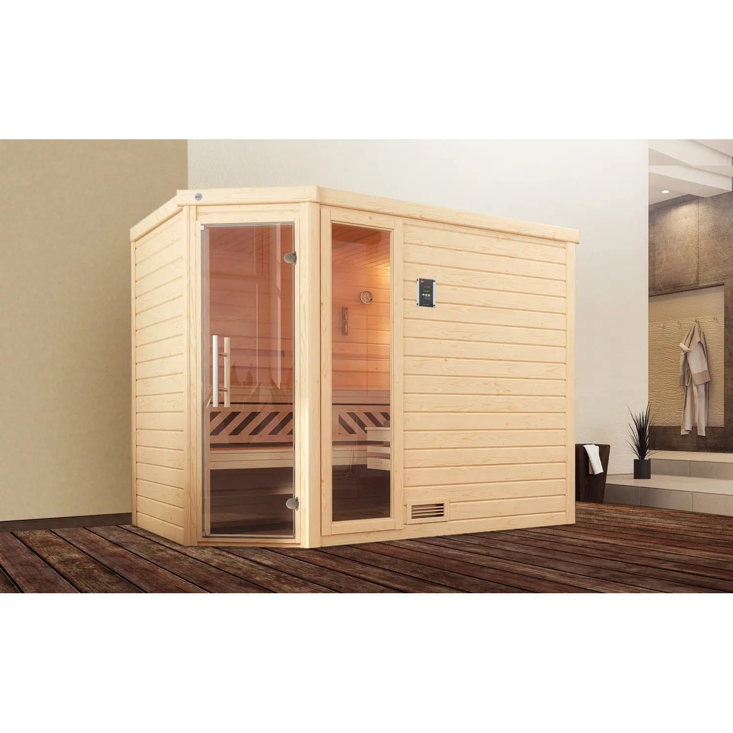 Weka Dřevěná sauna Turku 3 sk.dv.+okno, přír., 248 x 198 x 205 cm + BioAktiv 9kW