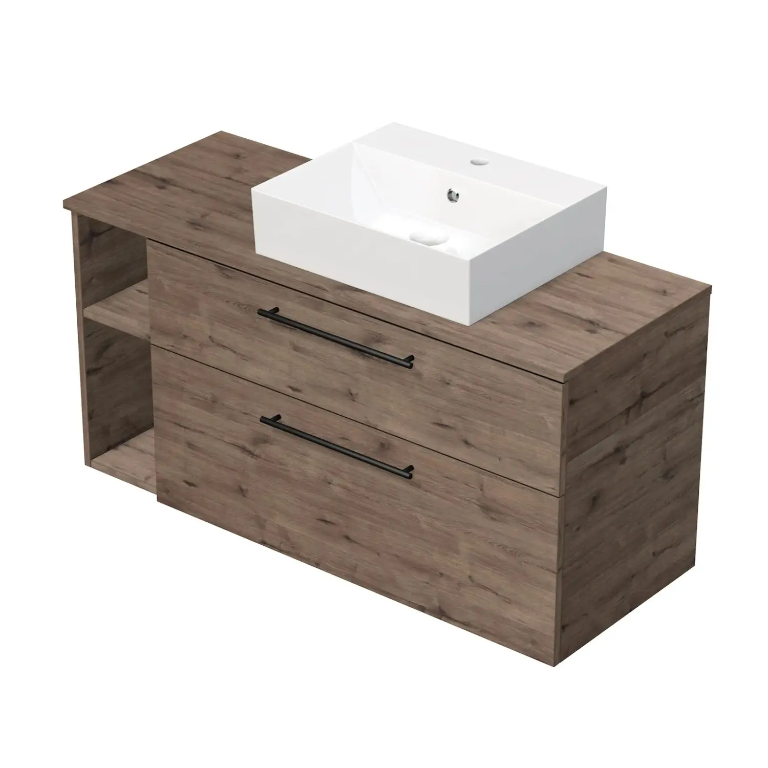INTEDOOR Skříň+umyvadlo BEE, úchyt černý, š. 120 cm, regál vlevo, dub Wellington