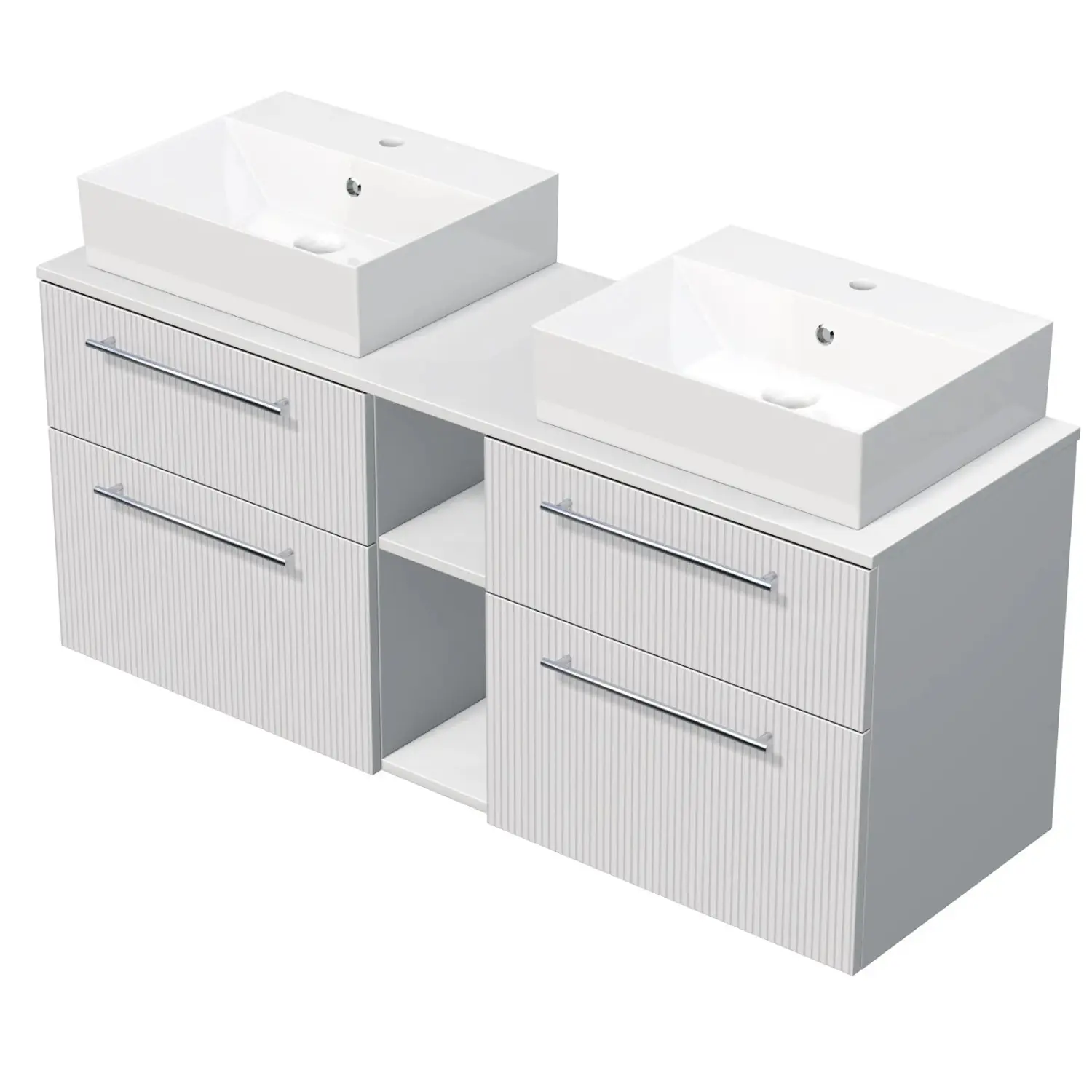 INTEDOOR Skříň+2umyvadla BEE, úchyt chrom, š.140cm, regál střed, bílá 3D pruhy