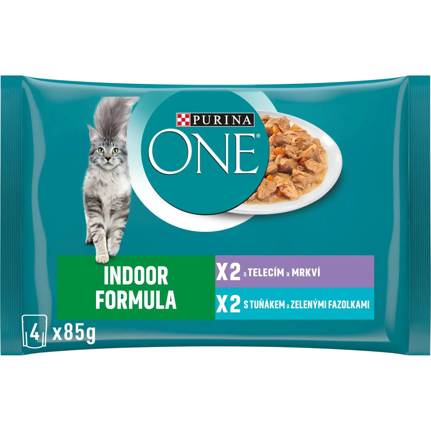Purina ONE Indoor kapsičky pro kočky tuňák, telecí ve šťávě 4 x 85 g