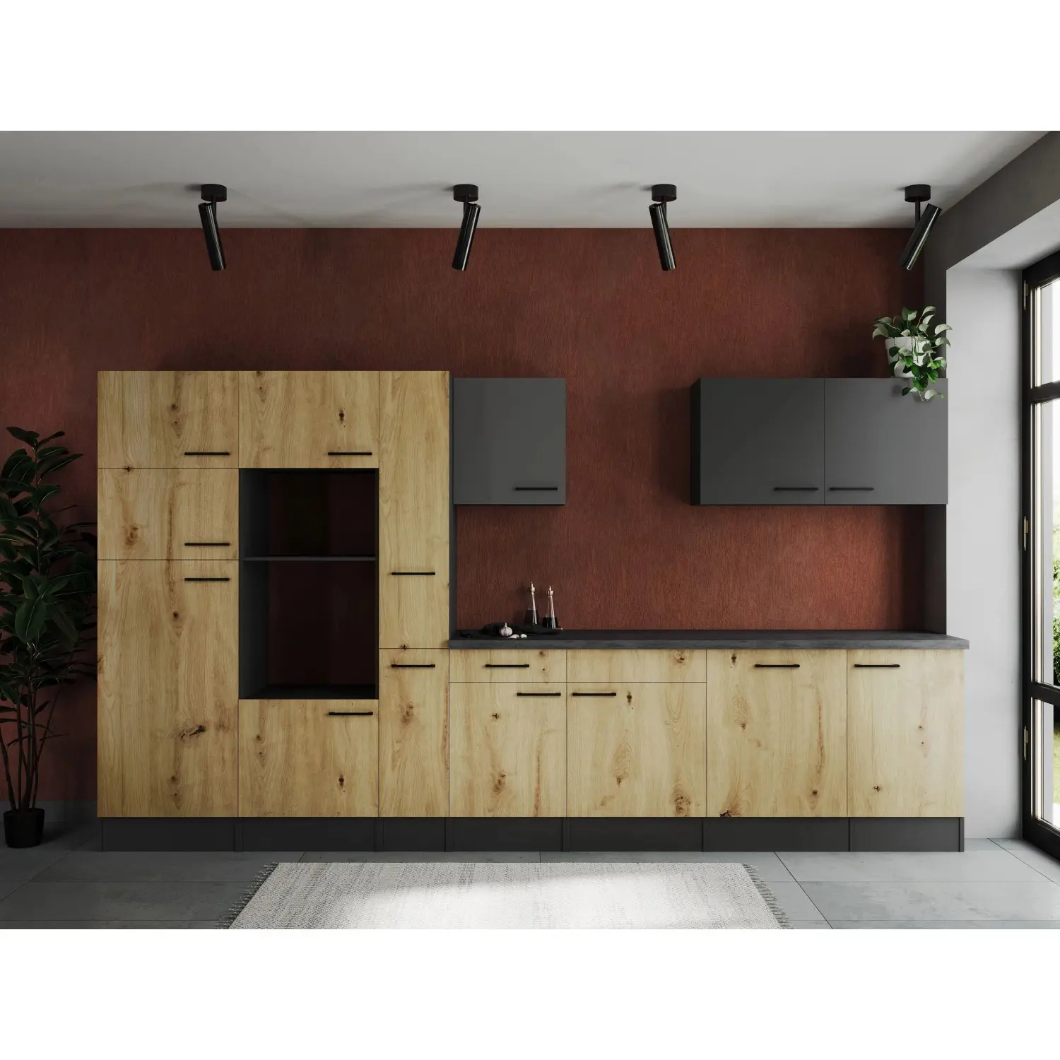 Respekta Kuchyně Oliver dub Artisan+šedá matná/žula 370 cm - bez el. přístrojů