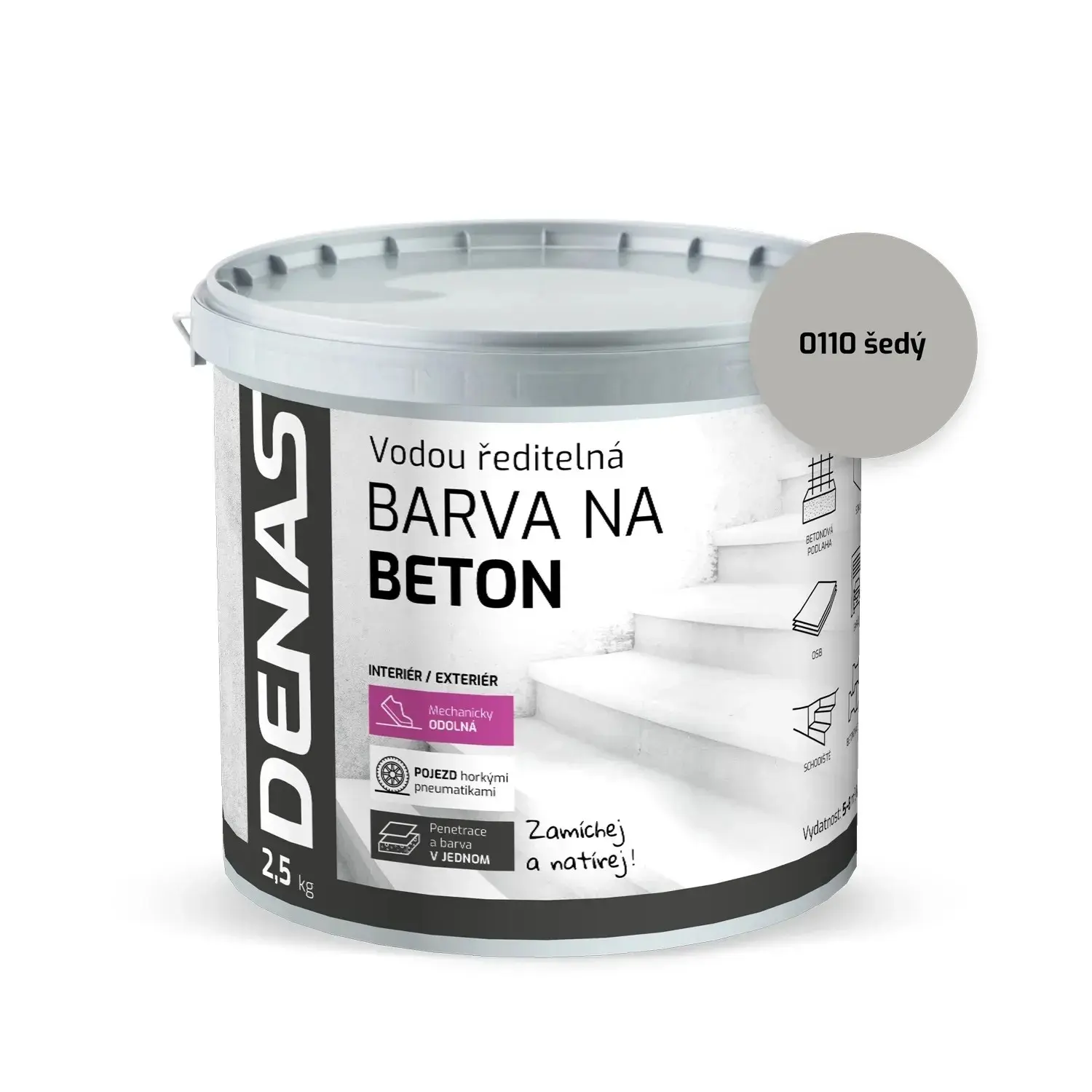 DENAS Vodou ředitelná barva na beton BETON 0110 šedá 2,5 kg