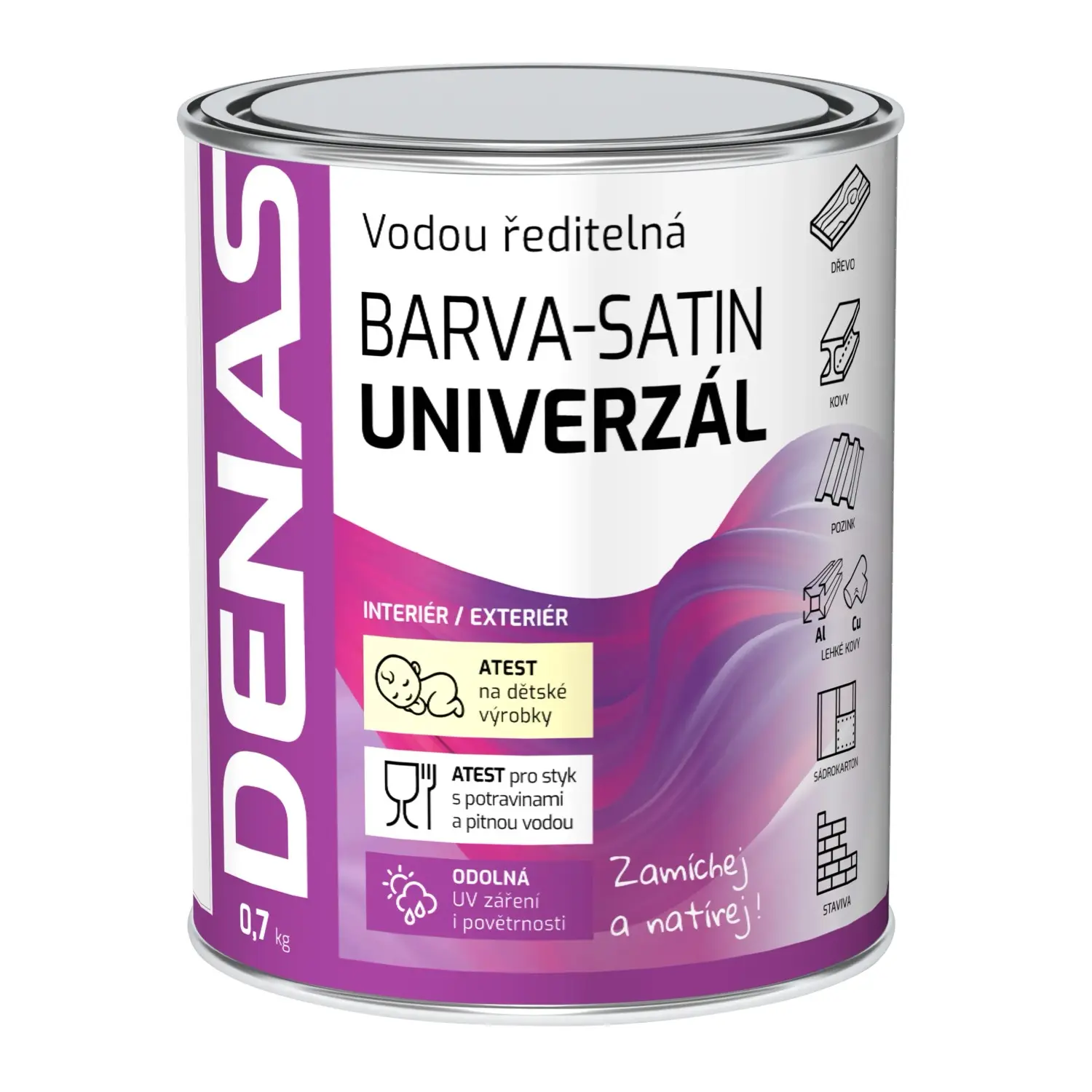 Denas Vrchní barva na dřevo, kov a beton Univerzál-satin, 0100 bílá, 700 g