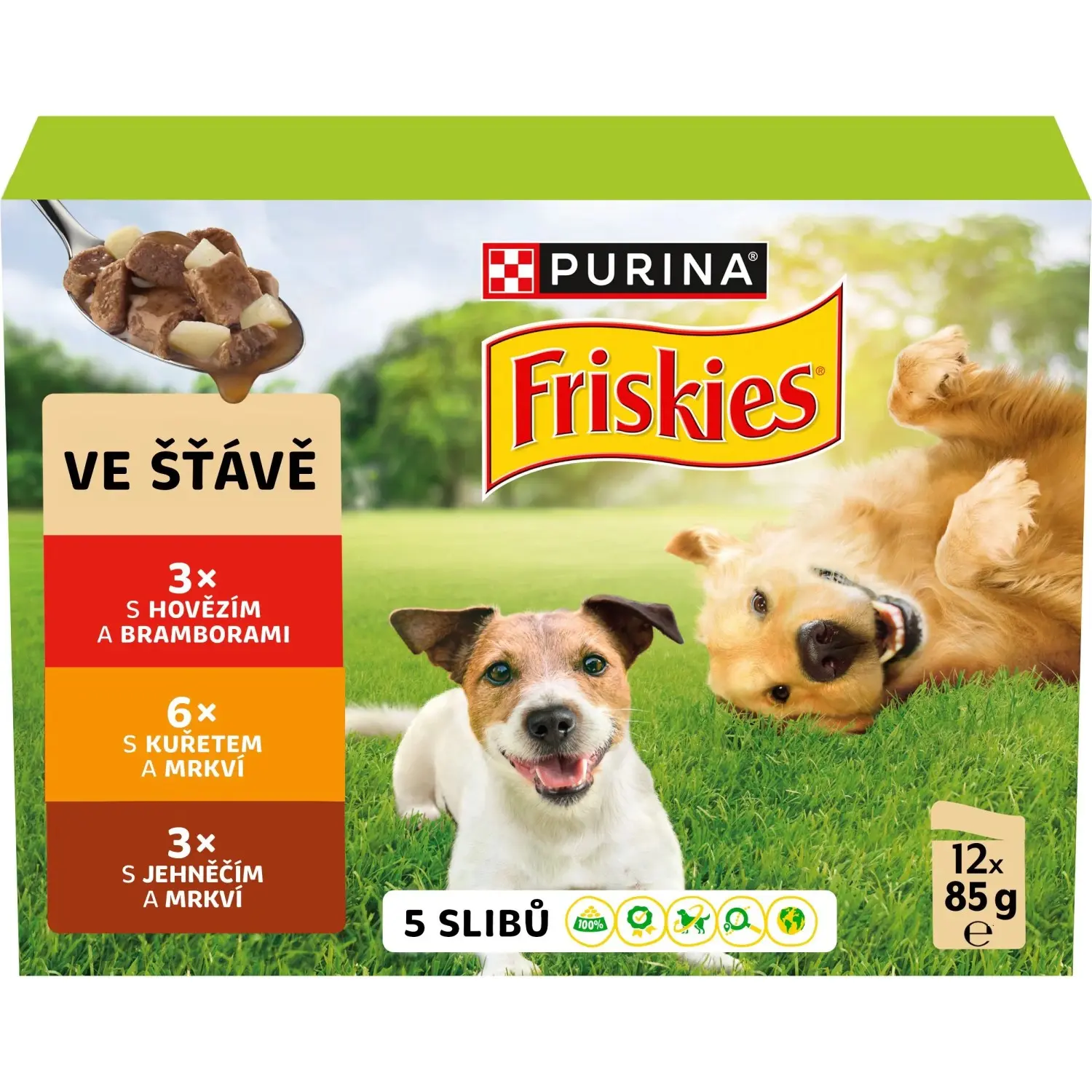PURINA FRISKIES Adult výběr s hovězím, kuřetem a jehněčím ve šťávě 12 x 85 g