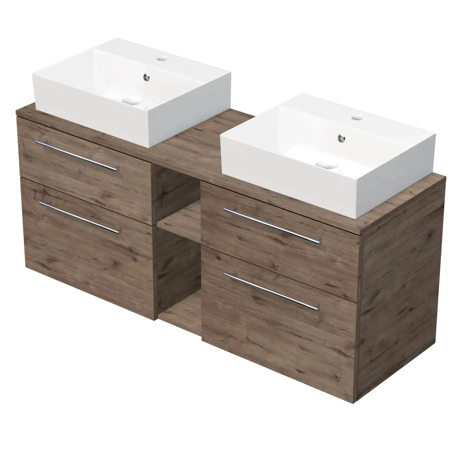 INTEDOOR Skříň+2umyvadla BEE, úchyt chrom, š.140 cm, regál střed, dub Wellington