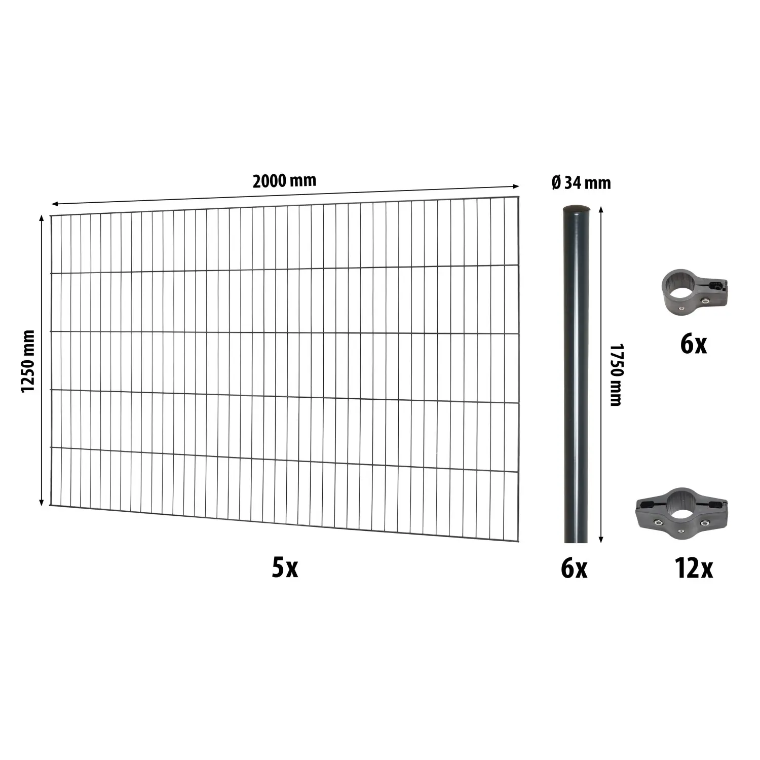 Floraworld Kompletní plotový set 1prut. kul.sl. zabet., antracit, 125 cm, 10 m