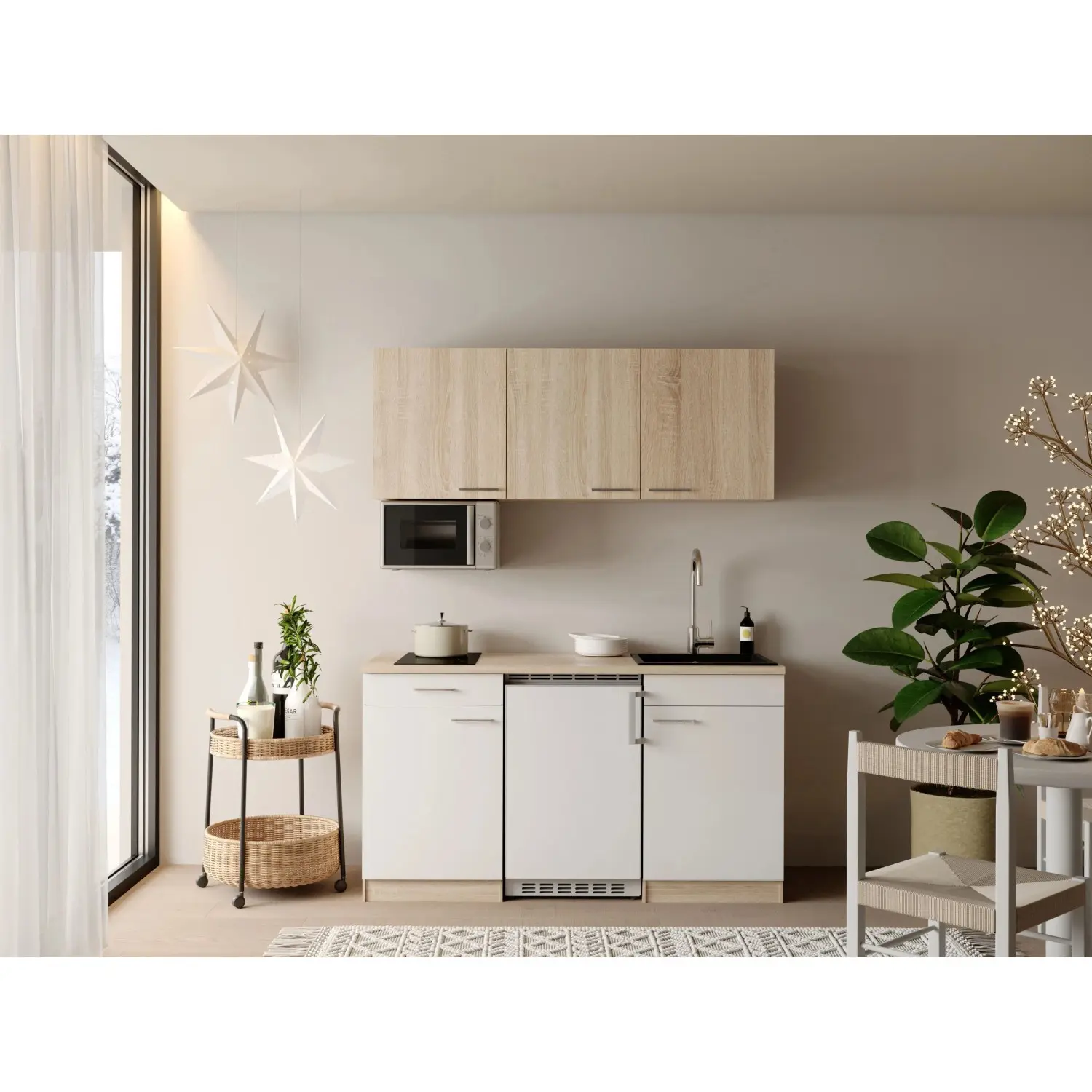 Respekta Kuchyně Ingrid bílá/dub Nordic 150 cm-skloker.deska/lednice/mikrovlnka