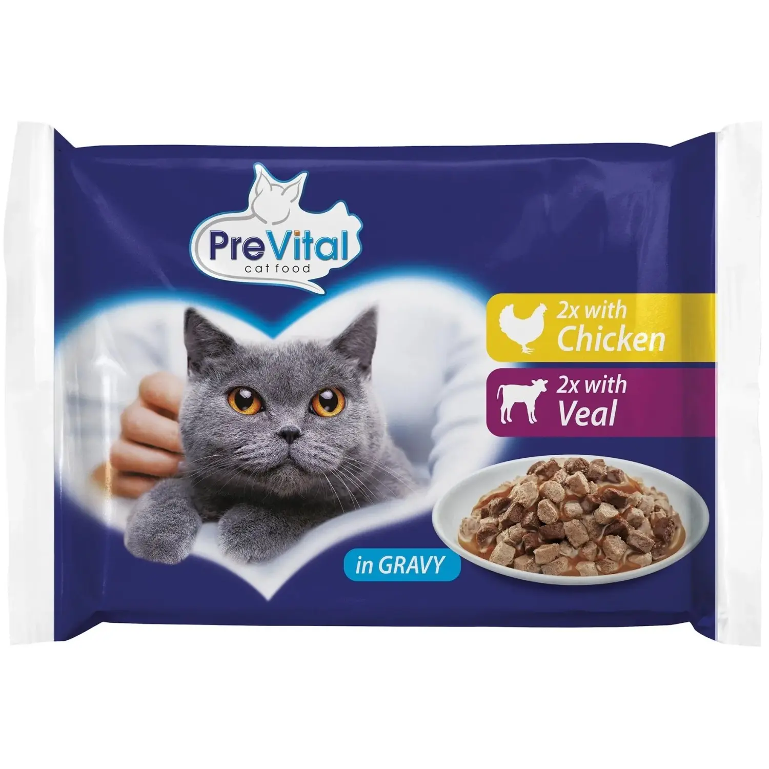 PreVital Kapsičky pro kočky v omáčce - kuřecí/telecí, 4x 100 g