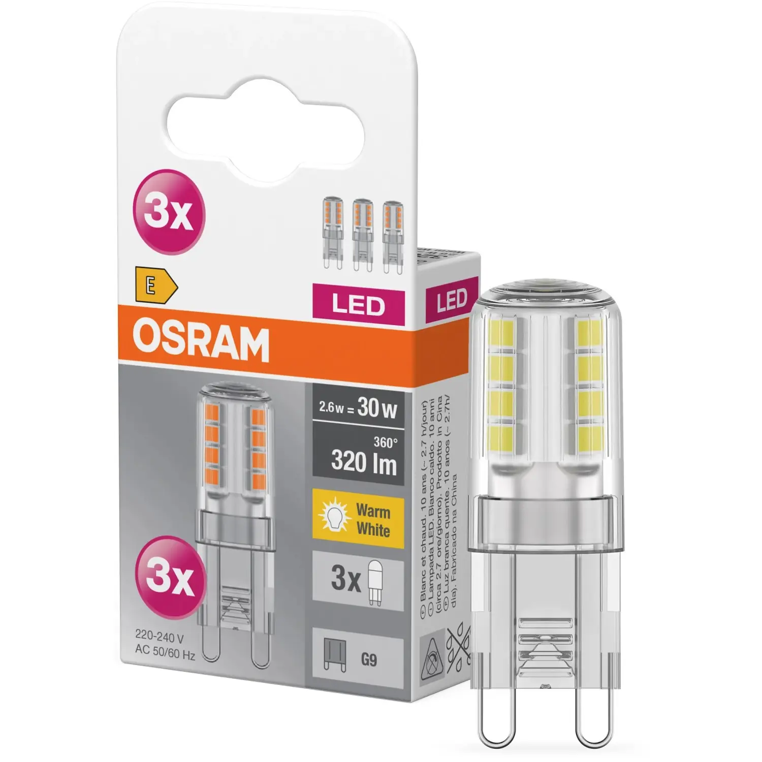 OSRAM LED žárovka BASE PIN G9 Clear 2,6W 320lm 2700K, 3 ks