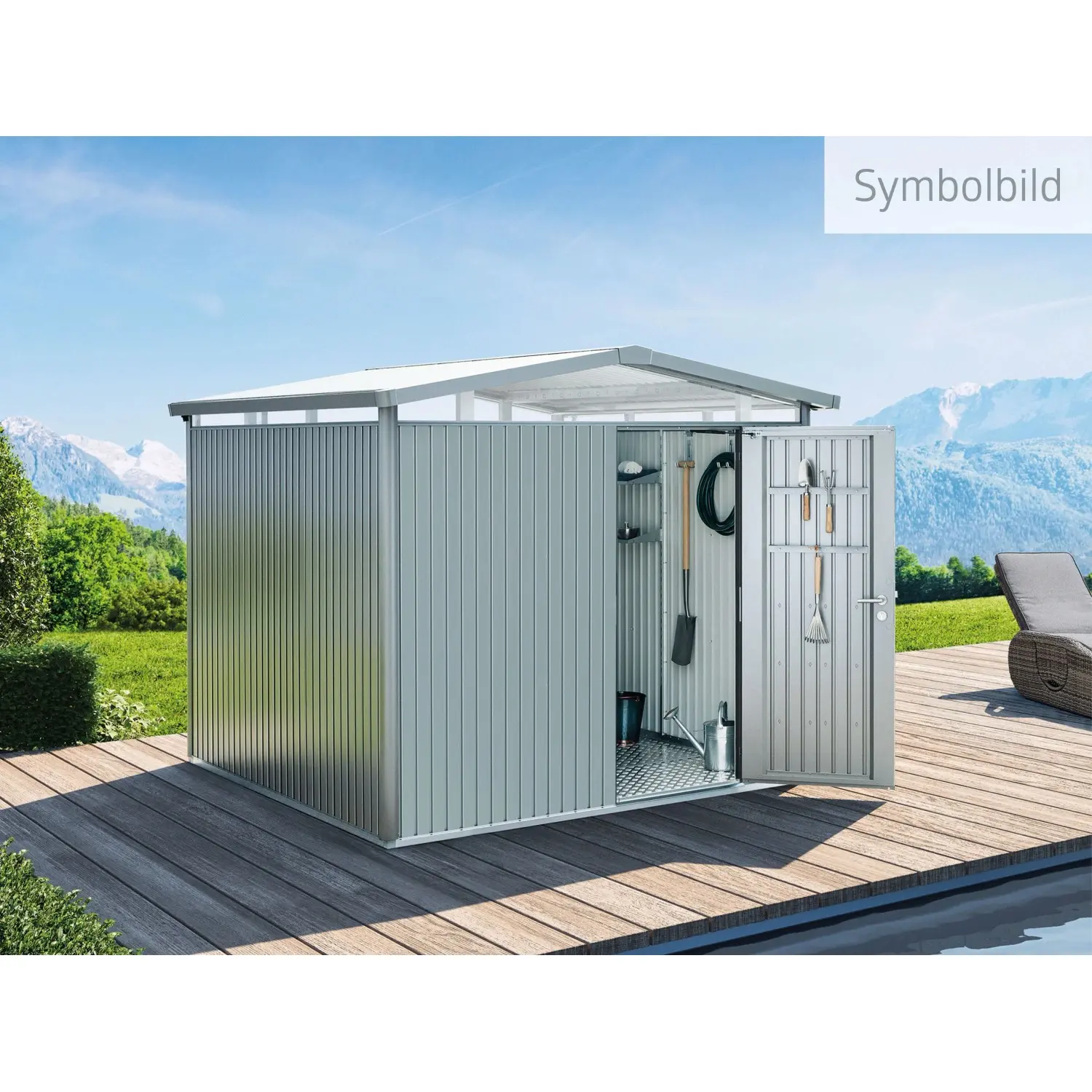 Biohort Plechový domek Panorama P5 stand. dveře, stříbrná, 273 x 318 x 227 cm