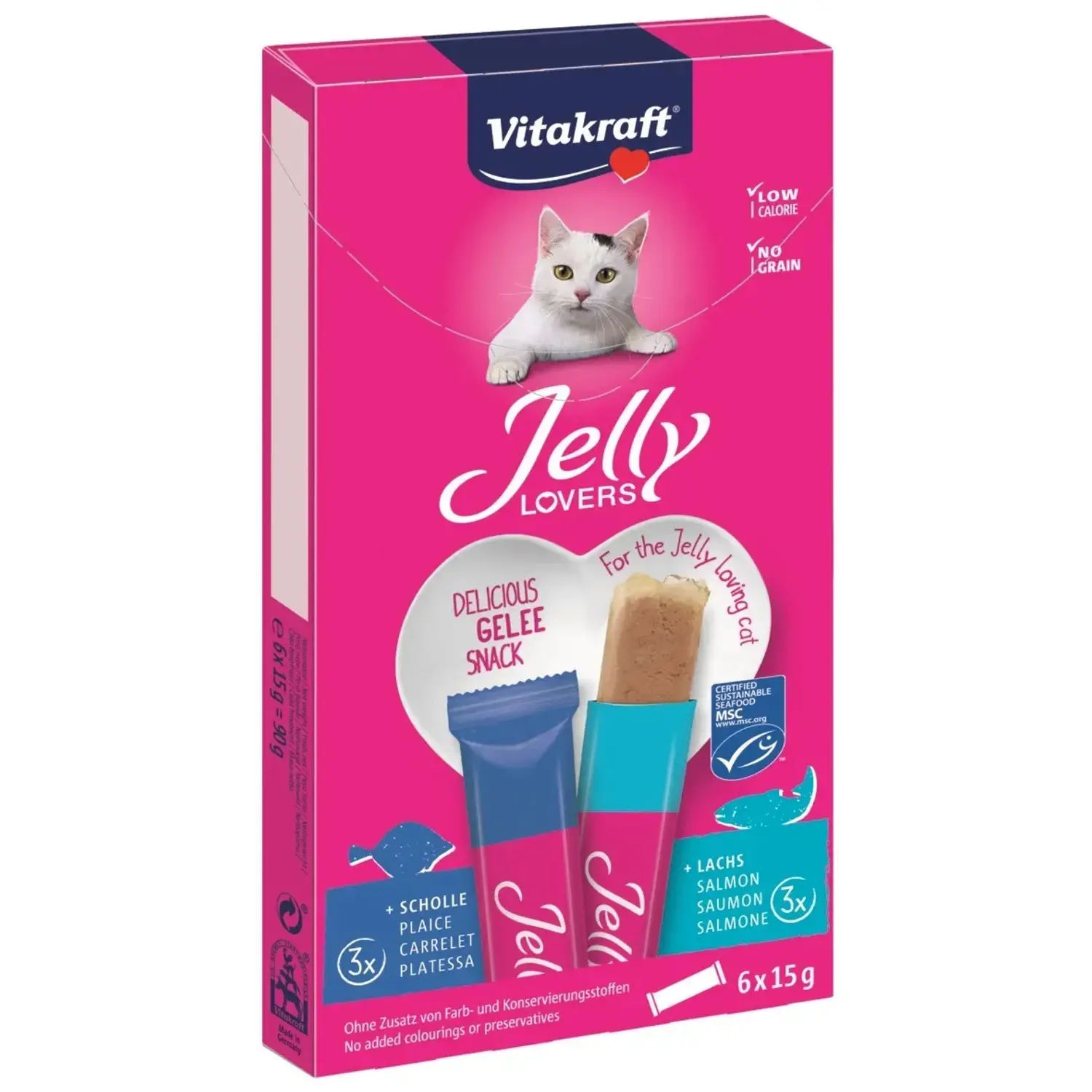 Vitakraft Pochoutka pro kočky Jelly Lovers losos a platýz, 6 x 15 g