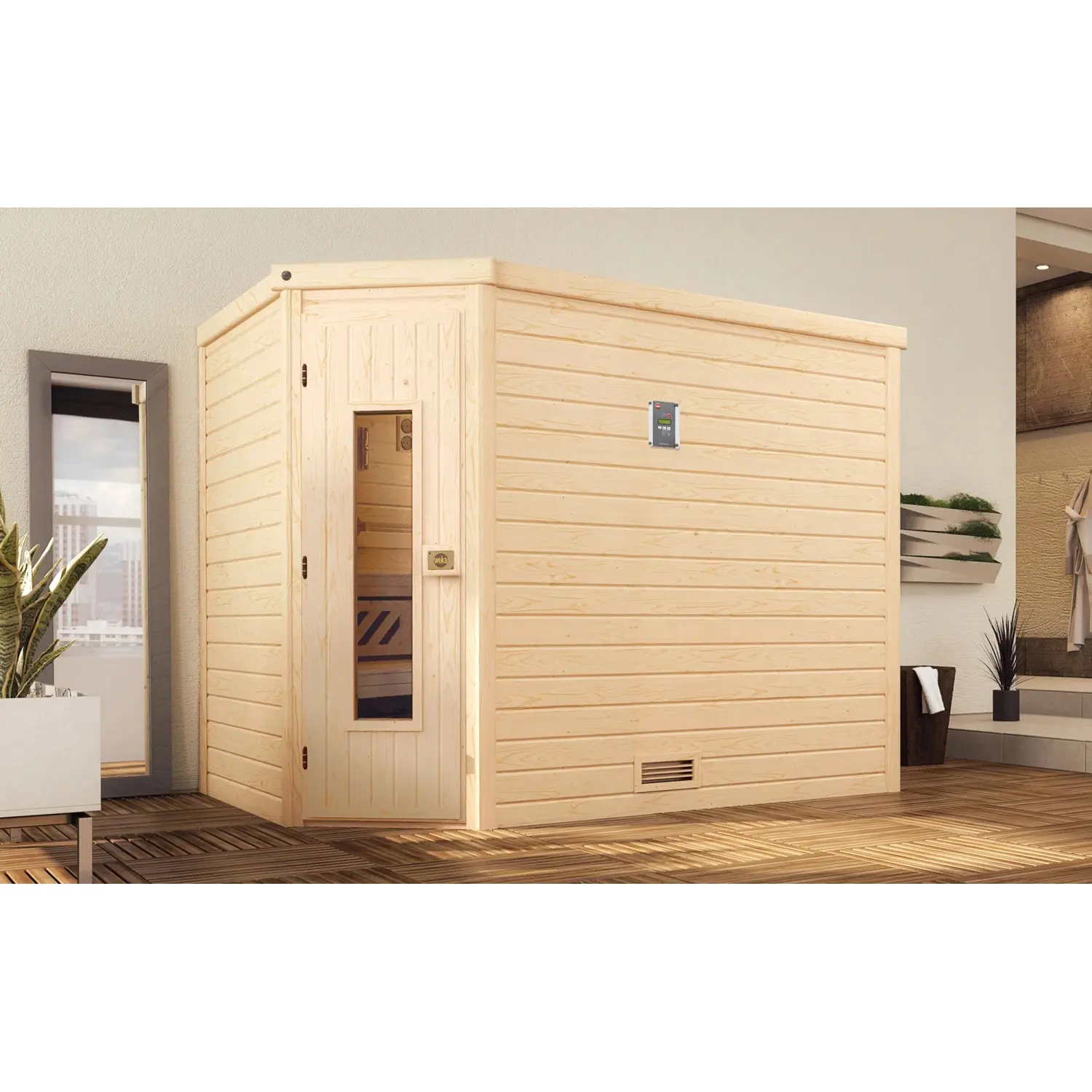 Weka Dřevěná sauna Turku 3 dř.dv., přírodní, 248 x 198 x 205 cm + Kompakt 9 kW